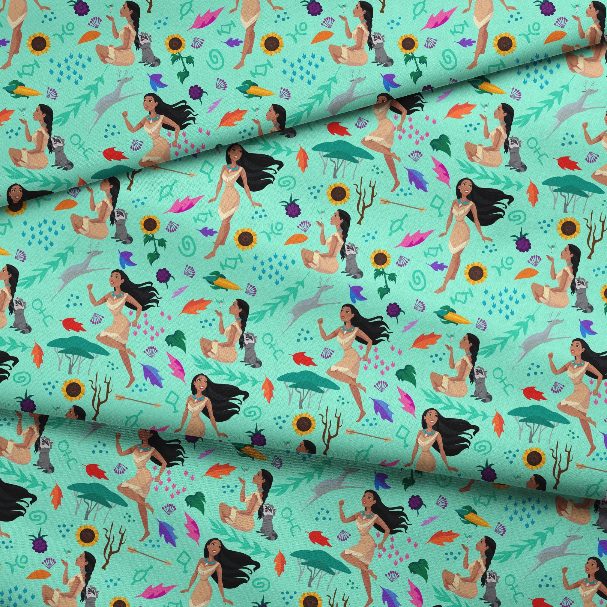 Colorful pattern with figures in nature motifs featuring sunflowers, leaves, and flowing design elements on turquoise background fabric fold mockup