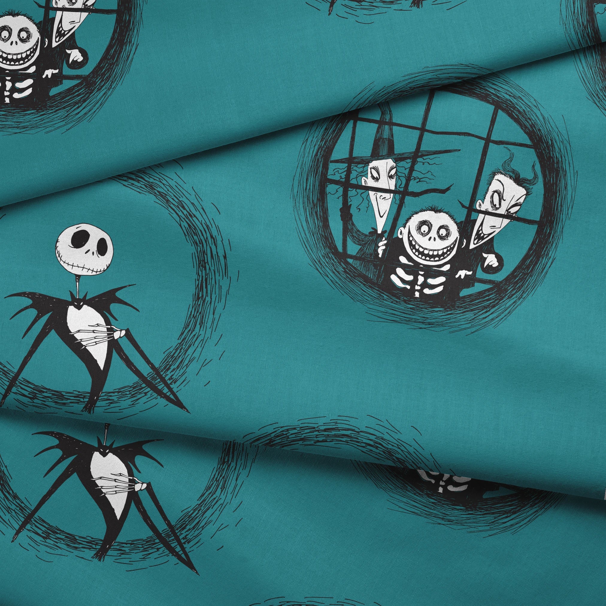 Teal patterned design with The Nightmare Before Christmas characters in circular frames, featuring round-headed characters in formal attire. fabric fold mockup