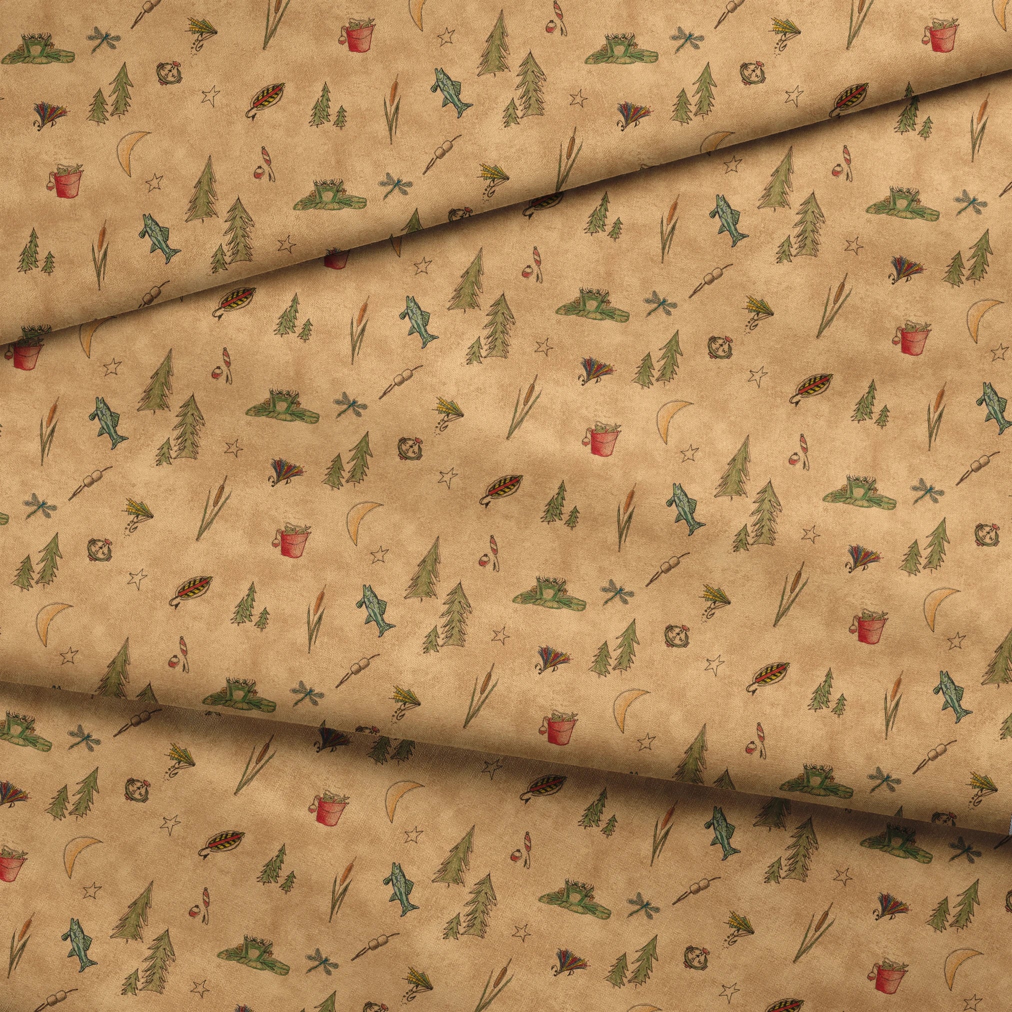 Outdoor camping pattern with tents, trees, lanterns, and nature elements on beige background fabric fold mockup