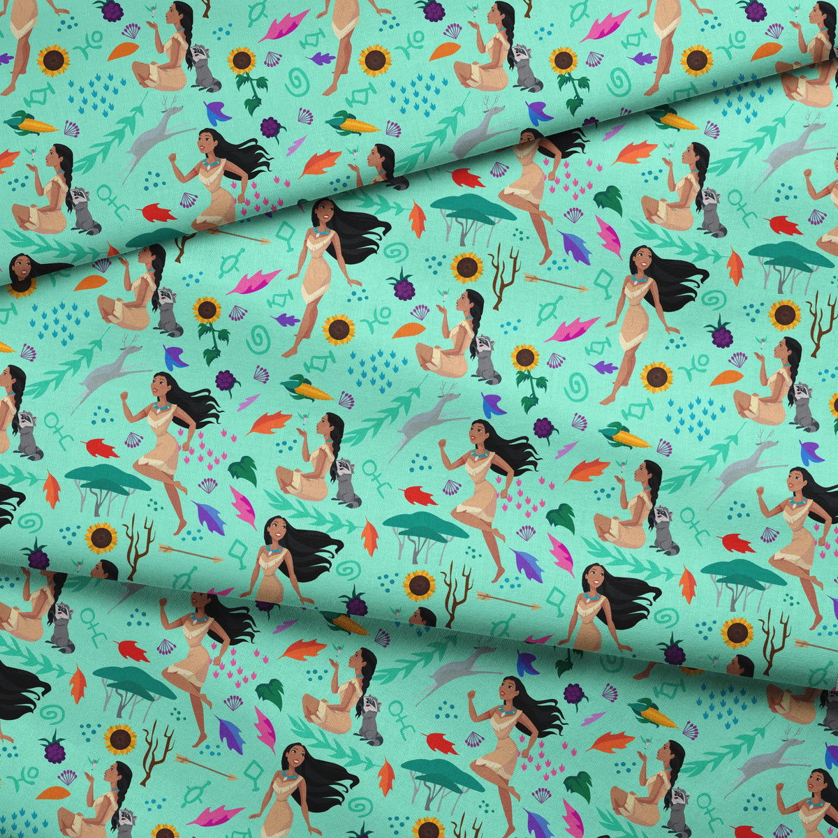 Colorful pattern with figures in nature motifs featuring sunflowers, leaves, and flowing design elements on turquoise background fabric fold mockup