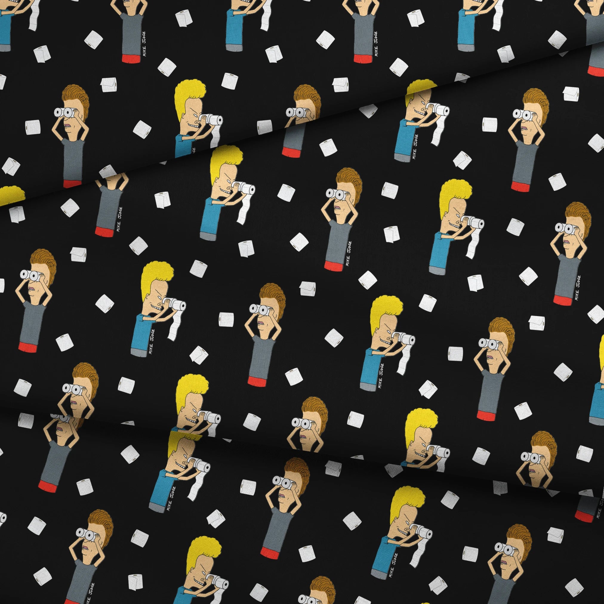 Cartoon characters with exaggerated features on black background with white squares scattered throughout the pattern fabric fold mockup