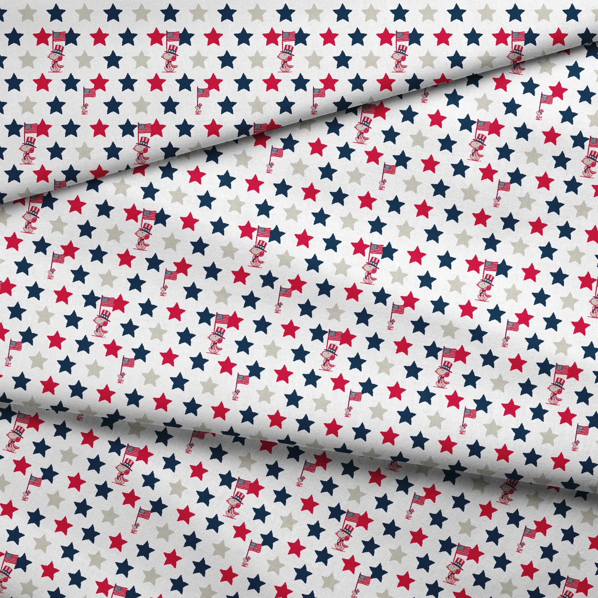 Peanuts Patriotic pattern with red, white, and blue stars alongside American flag poles on white background fabric fold mockup