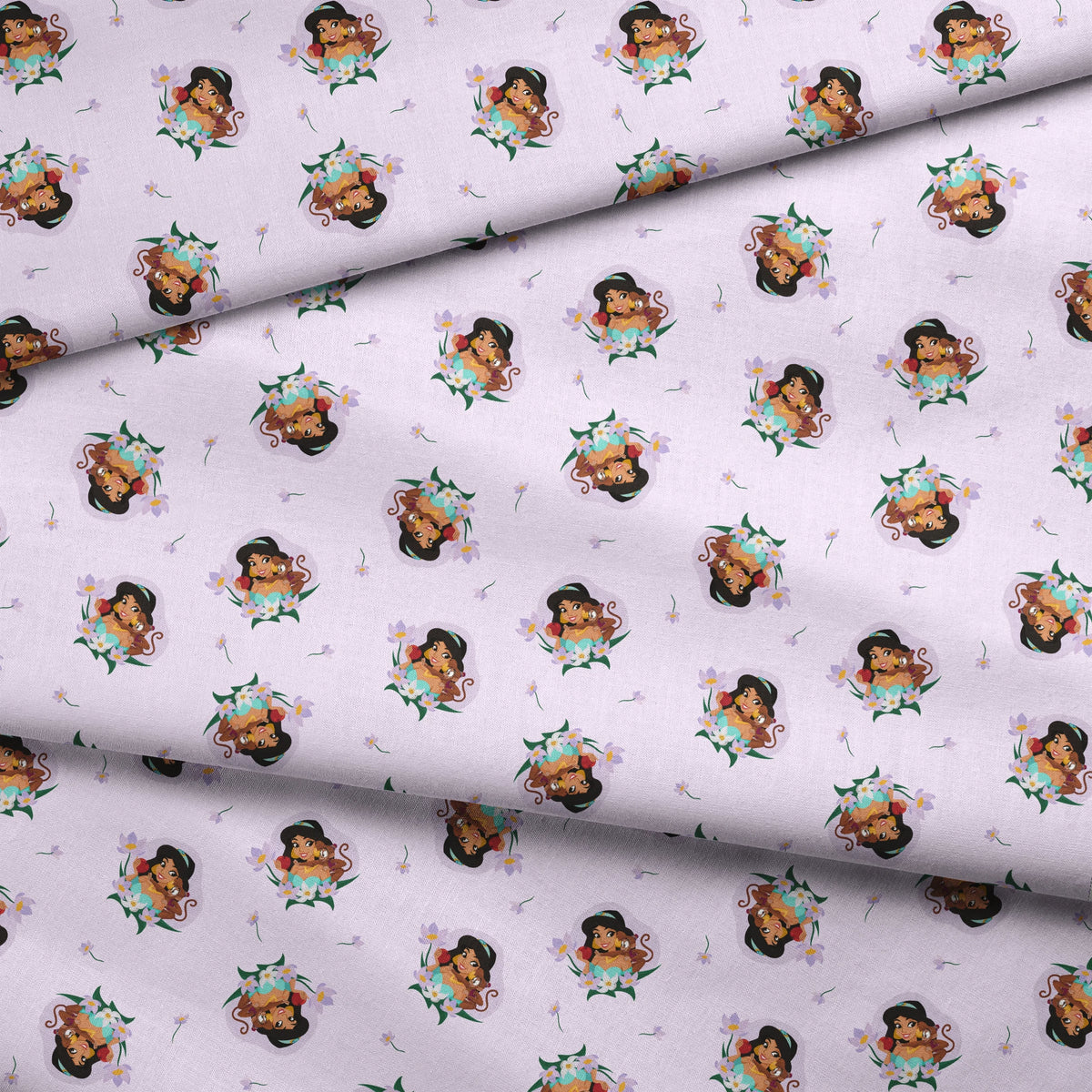 Cartoon pattern of Princess Jasmine with tiger cub surrounded by flowers on light pink background fabric fold mockup