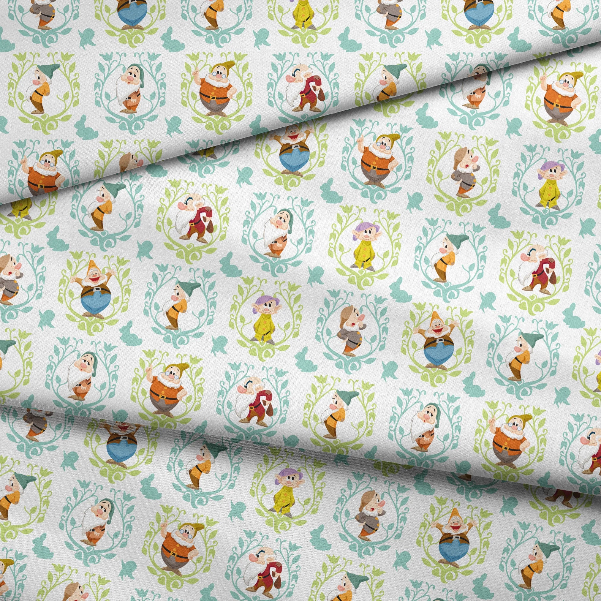 Cartoon pattern of Snow White's seven dwarfs in decorative floral frames on light background fabric fold mockup