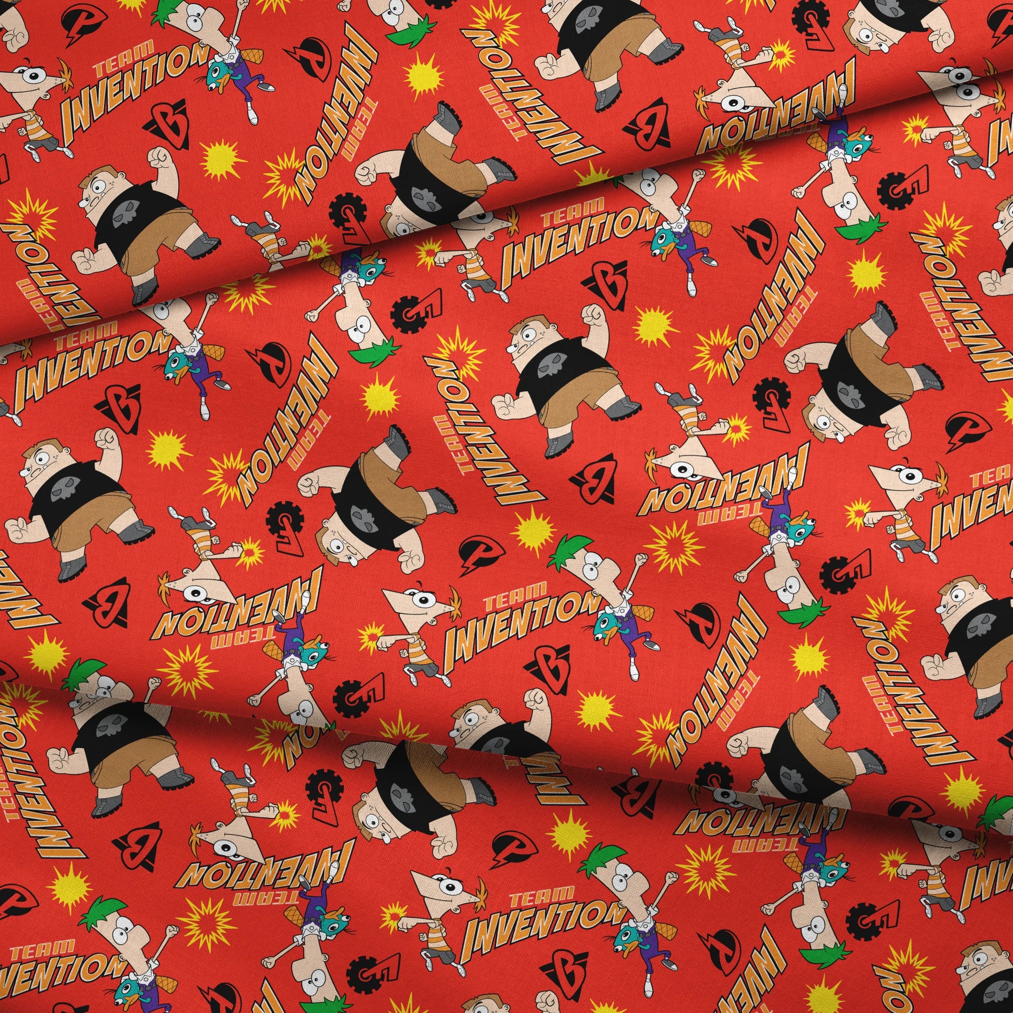 Red background pattern with Phineas and Ferb, text reading "Invention" and "McTheim", yellow starbursts, and comic-style design elements fabric fold mockup