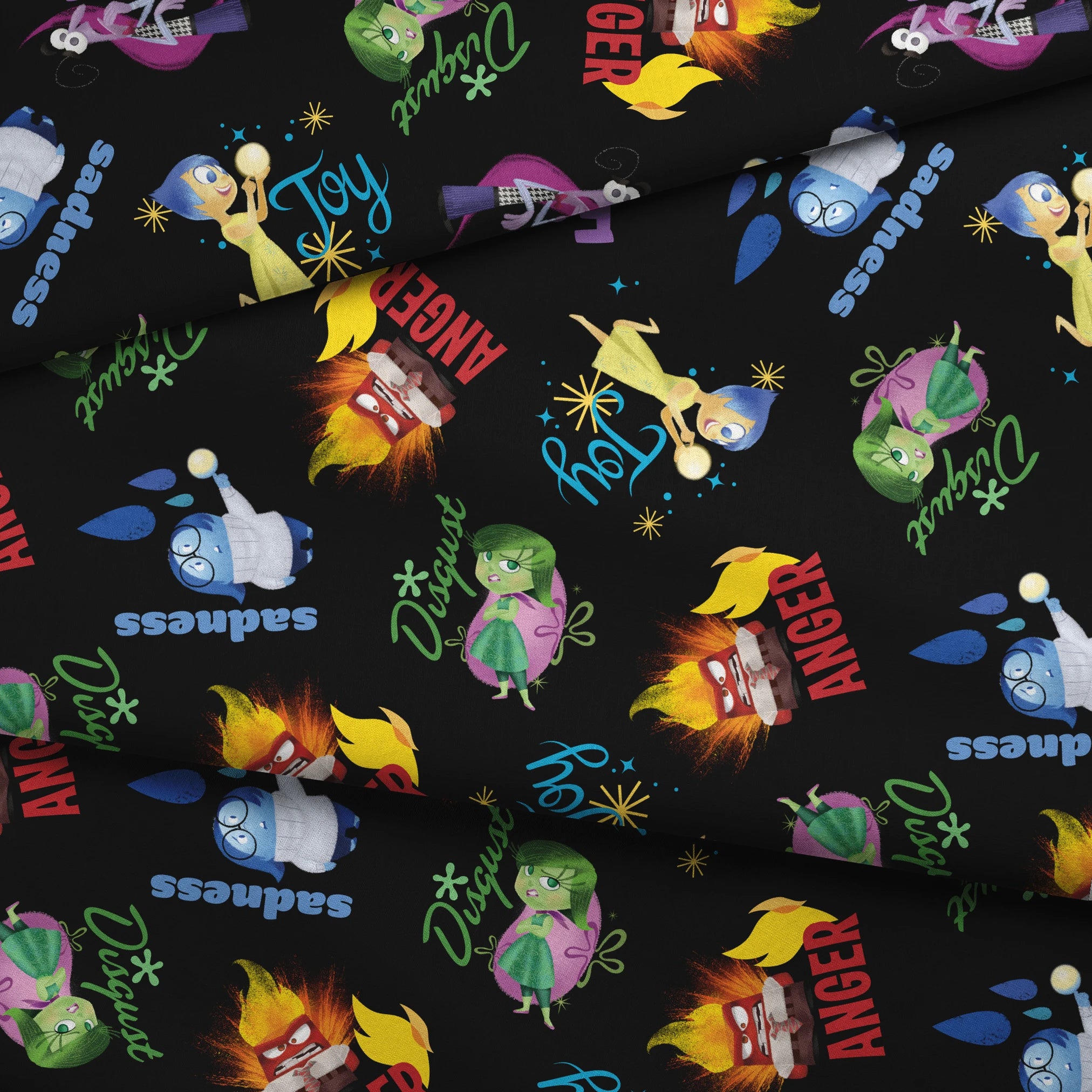 Colorful Pixar pattern on black background with Inside Out characters and emotion words like "Fear fabric fold mockup