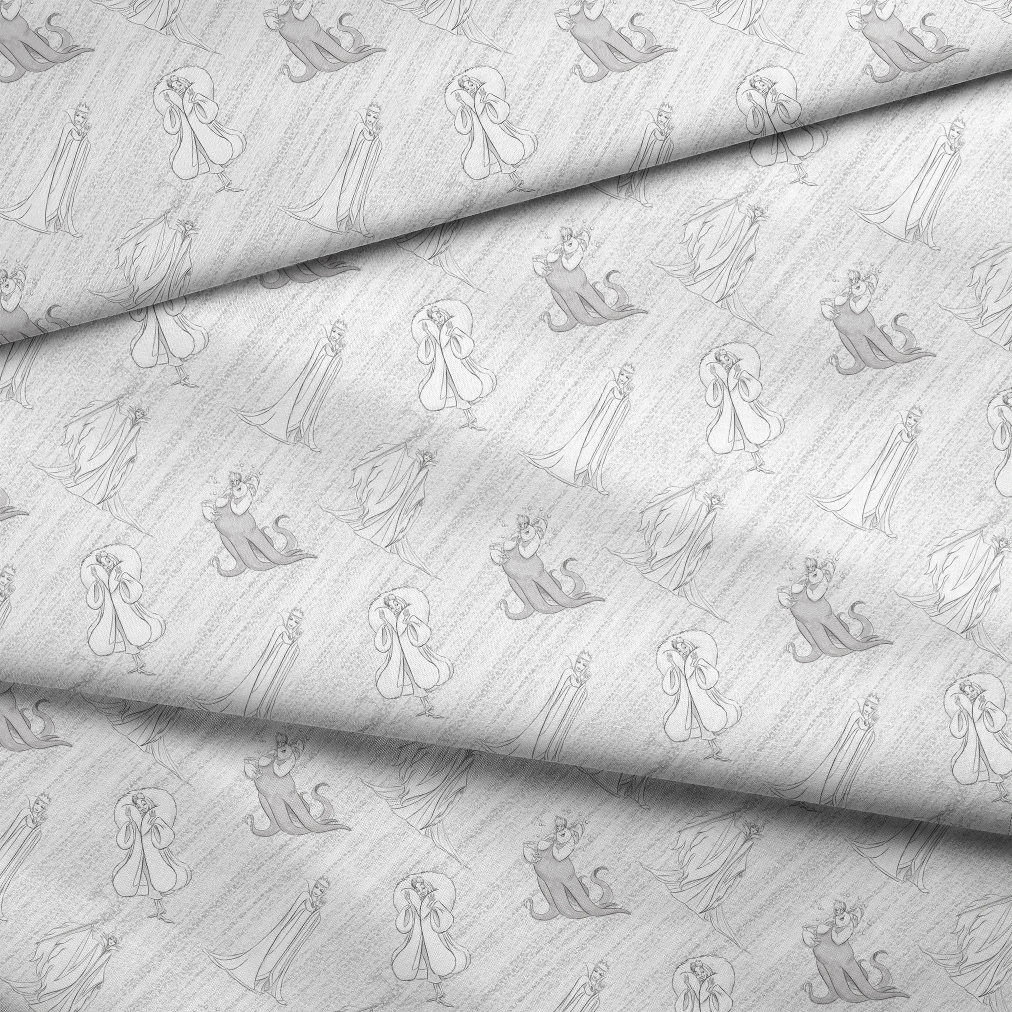 Sketched Disney villains scattered across a textured diagonal background in grayscale fabric fold mockup