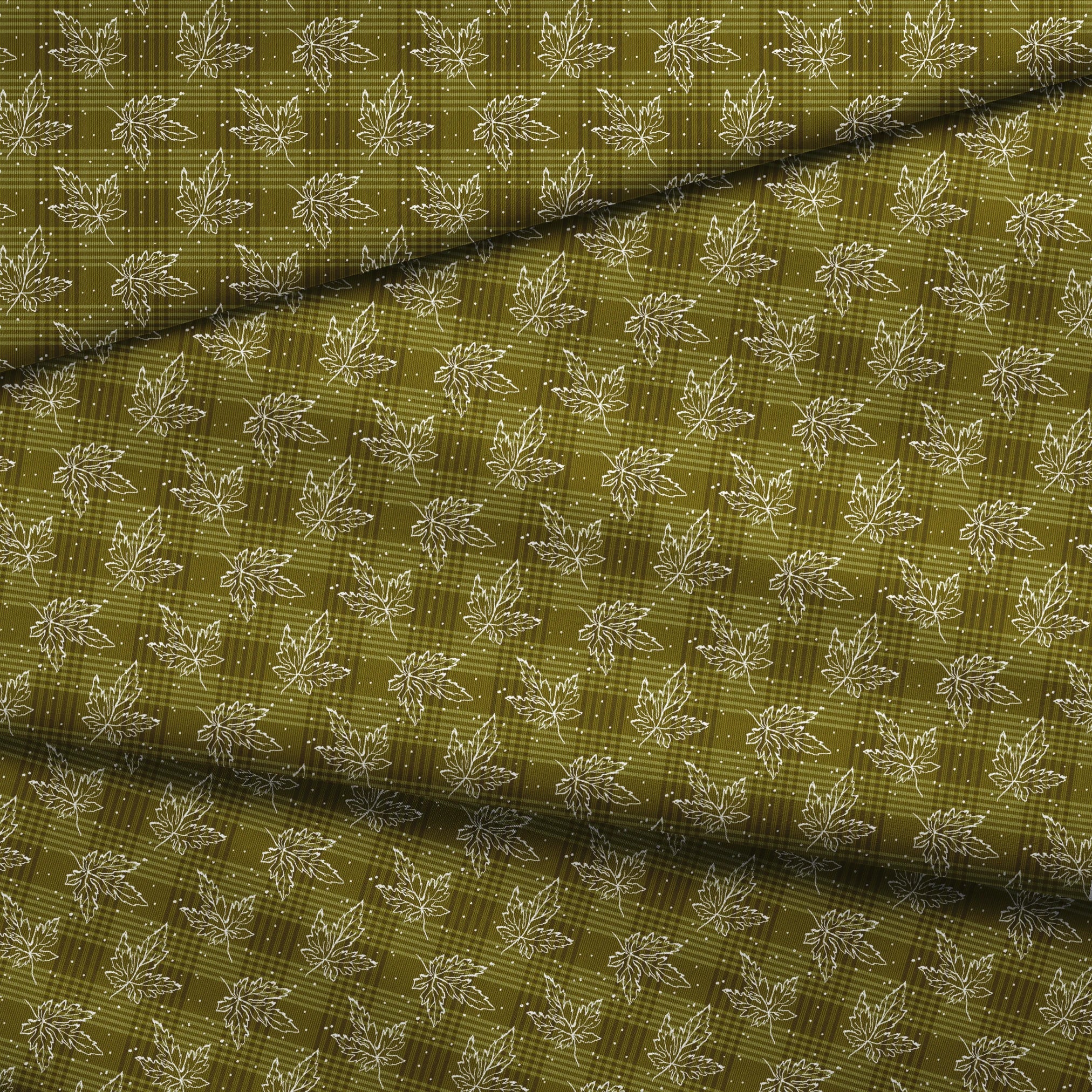 Olive green plaid pattern with scattered white outline maple leaves and small dots fabric fold mockup