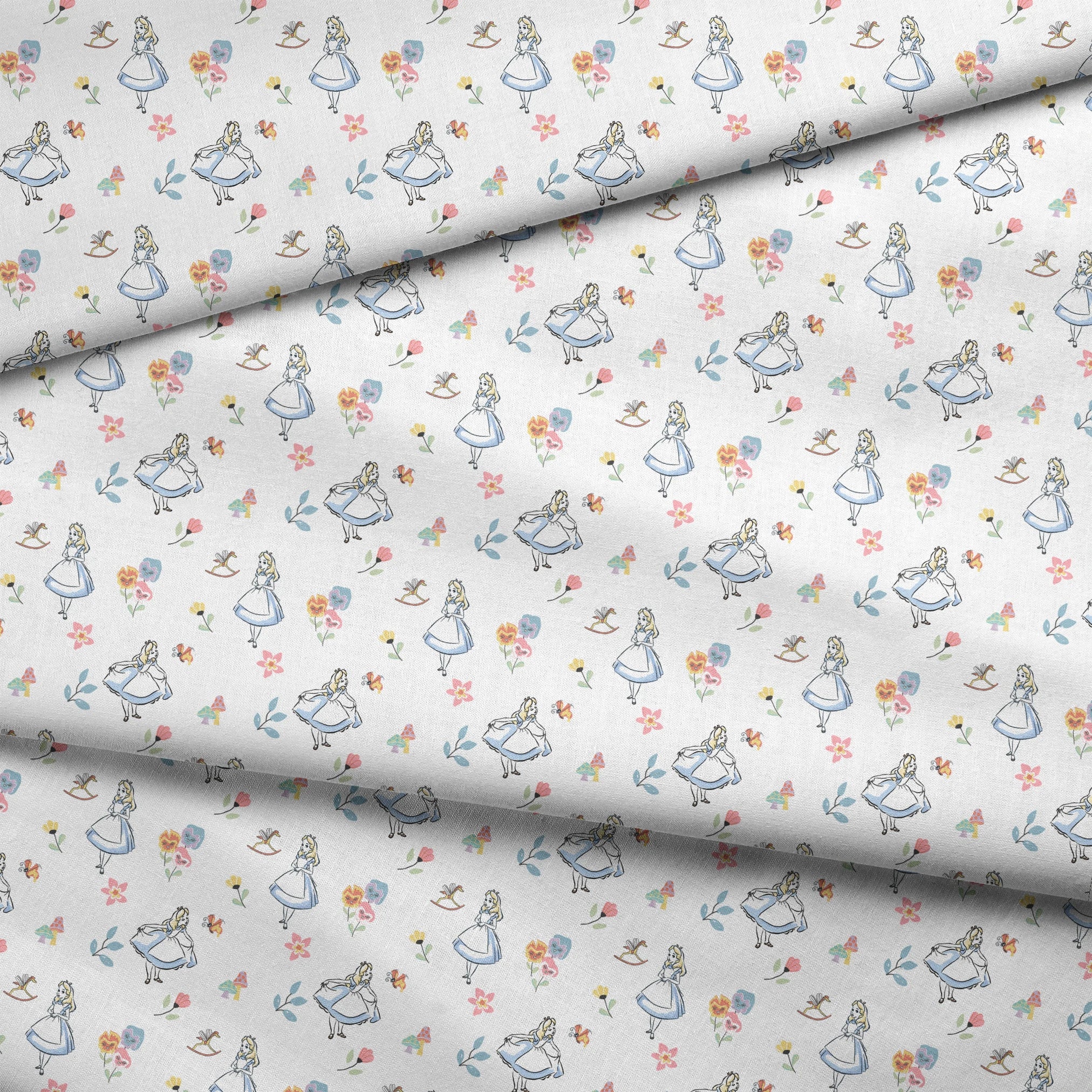 Whimsical pattern featuring character in blue dress with flowers, mushrooms, and rocking horse fabric fold mockup