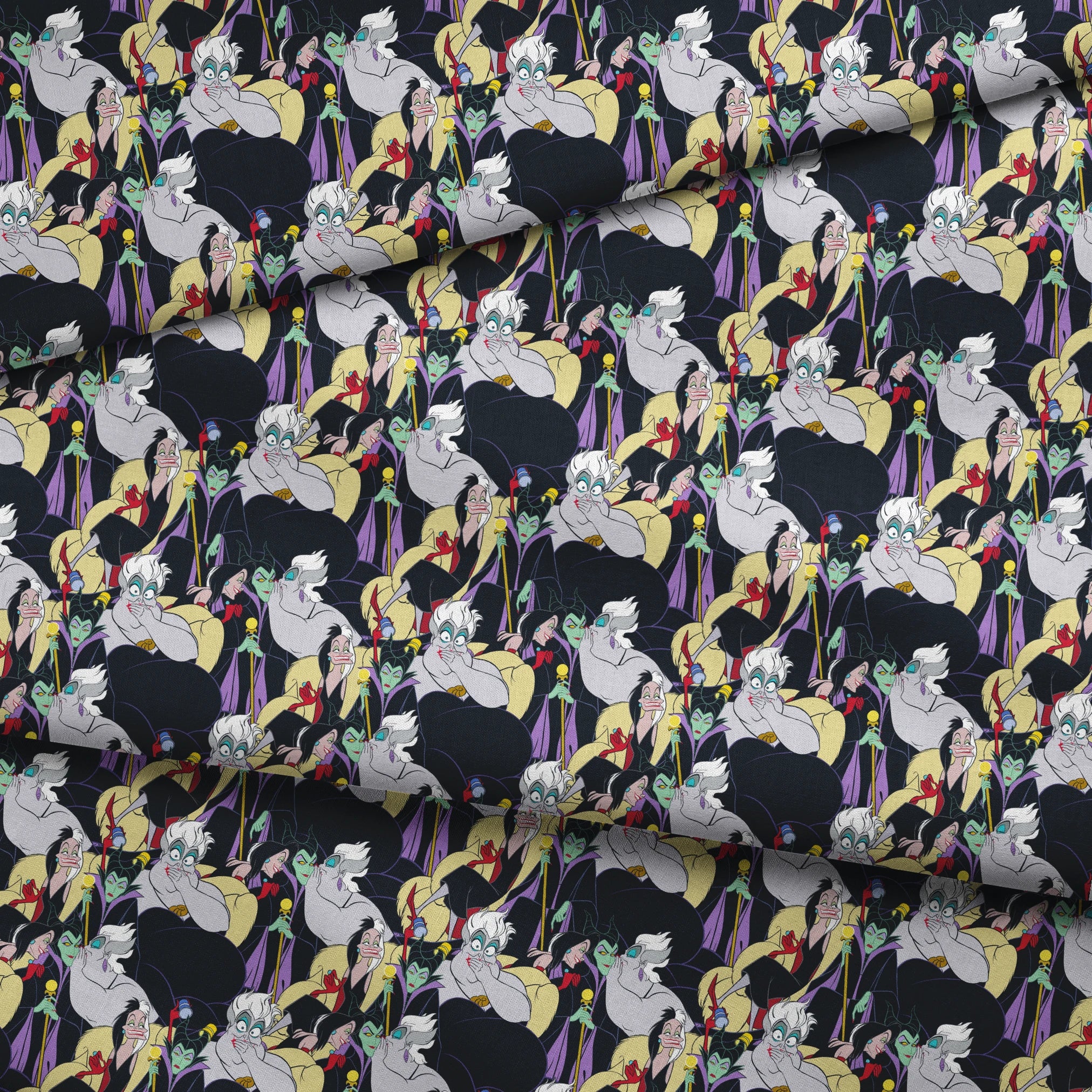 Colorful pattern of Disney villains including Ursula, Maleficent, and Cruella de Vil on dark background fabric fold mockup