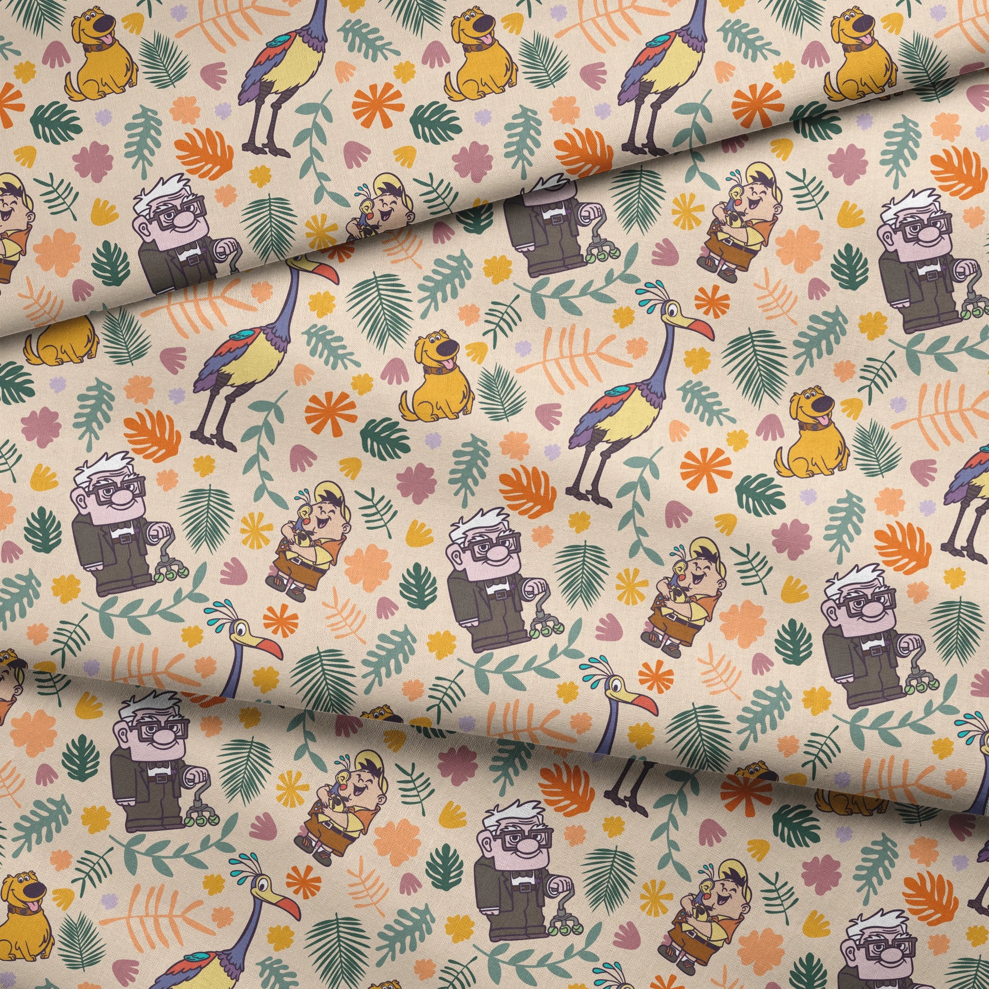 Whimsical cartoon pattern with colorful characters from Pixar's "Up" against floral background fabric fold mockup