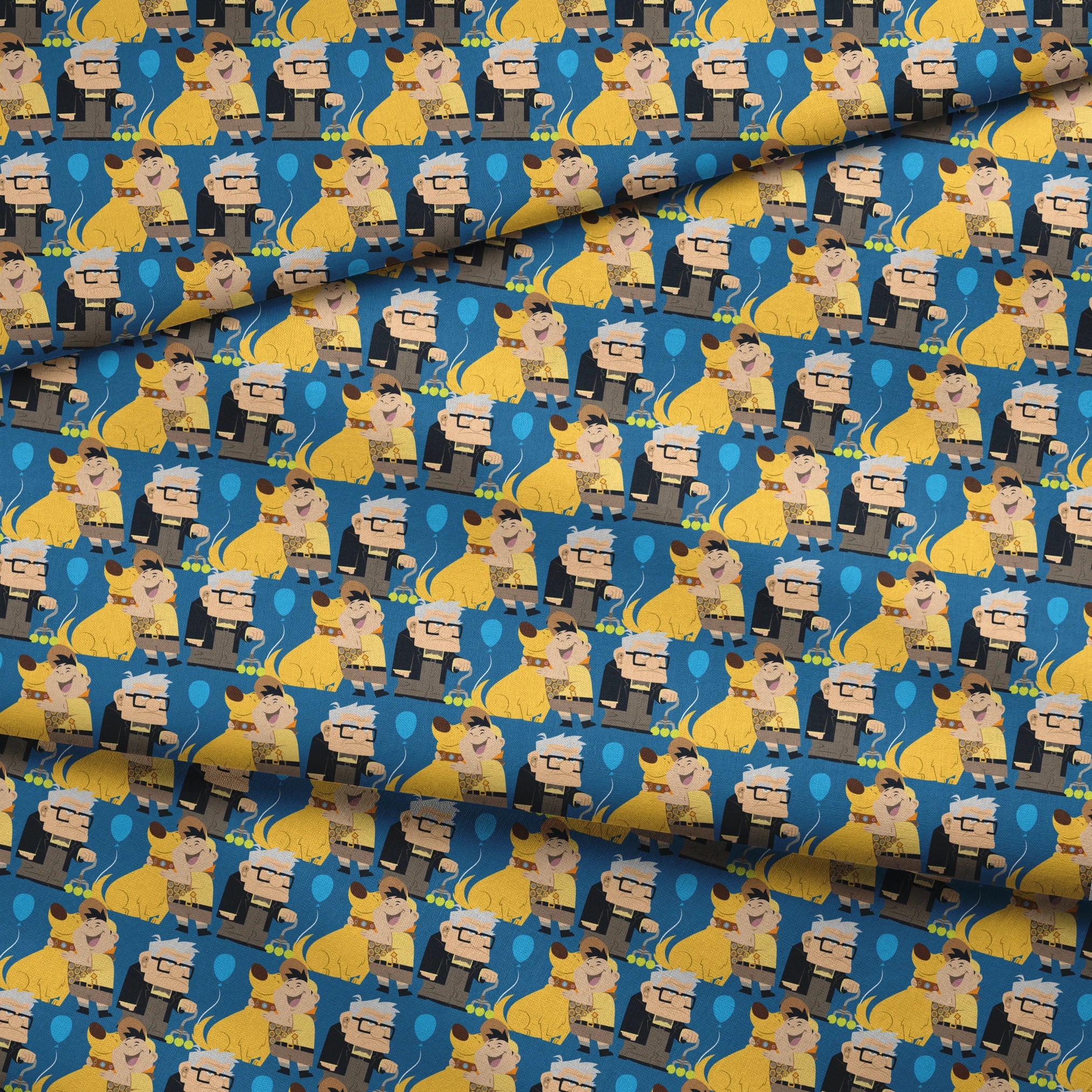 Cartoon pattern featuring characters from Pixar's "Up" with blue balloons, yellow dogs, and scouts fabric fold mockup