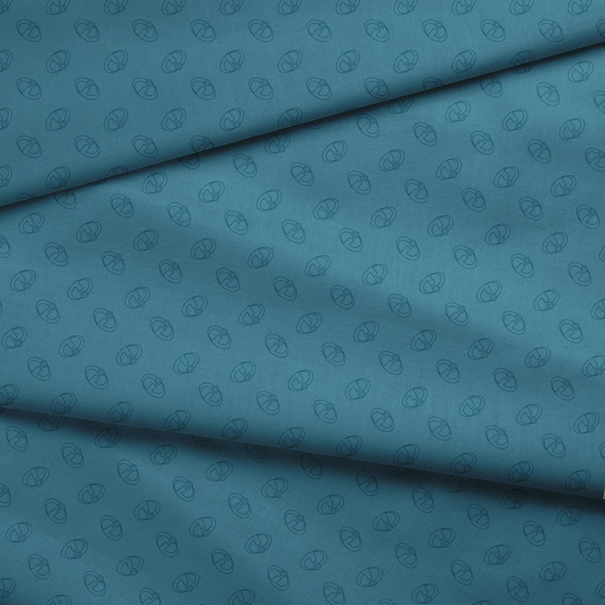 Abstract blue background with The Incredibles logos in repeating pattern fabric fold mockup