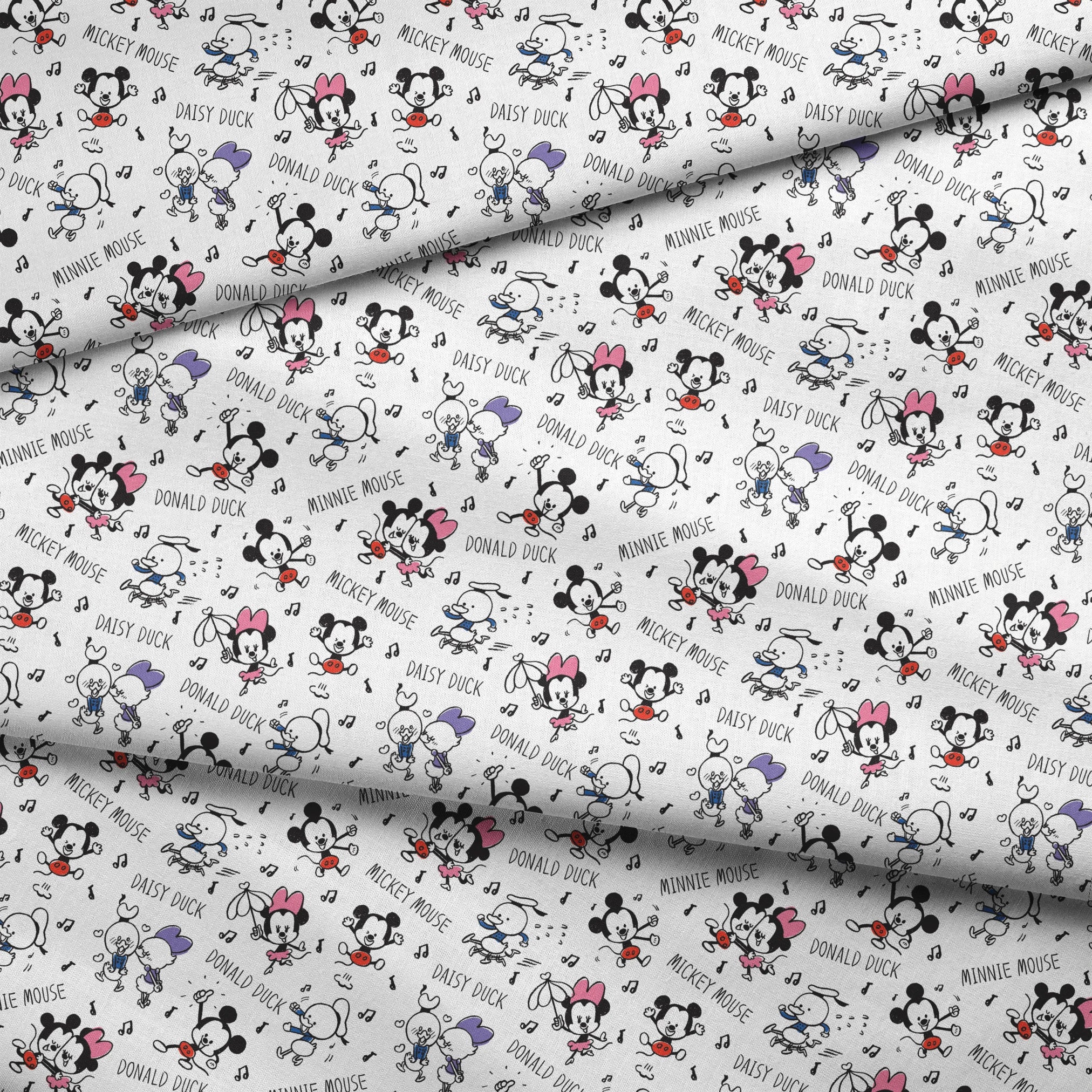 Classic Disney cartoon characters pattern with Mickey, Minnie, Donald, and Daisy with musical notes on white background. fabric fold mockup