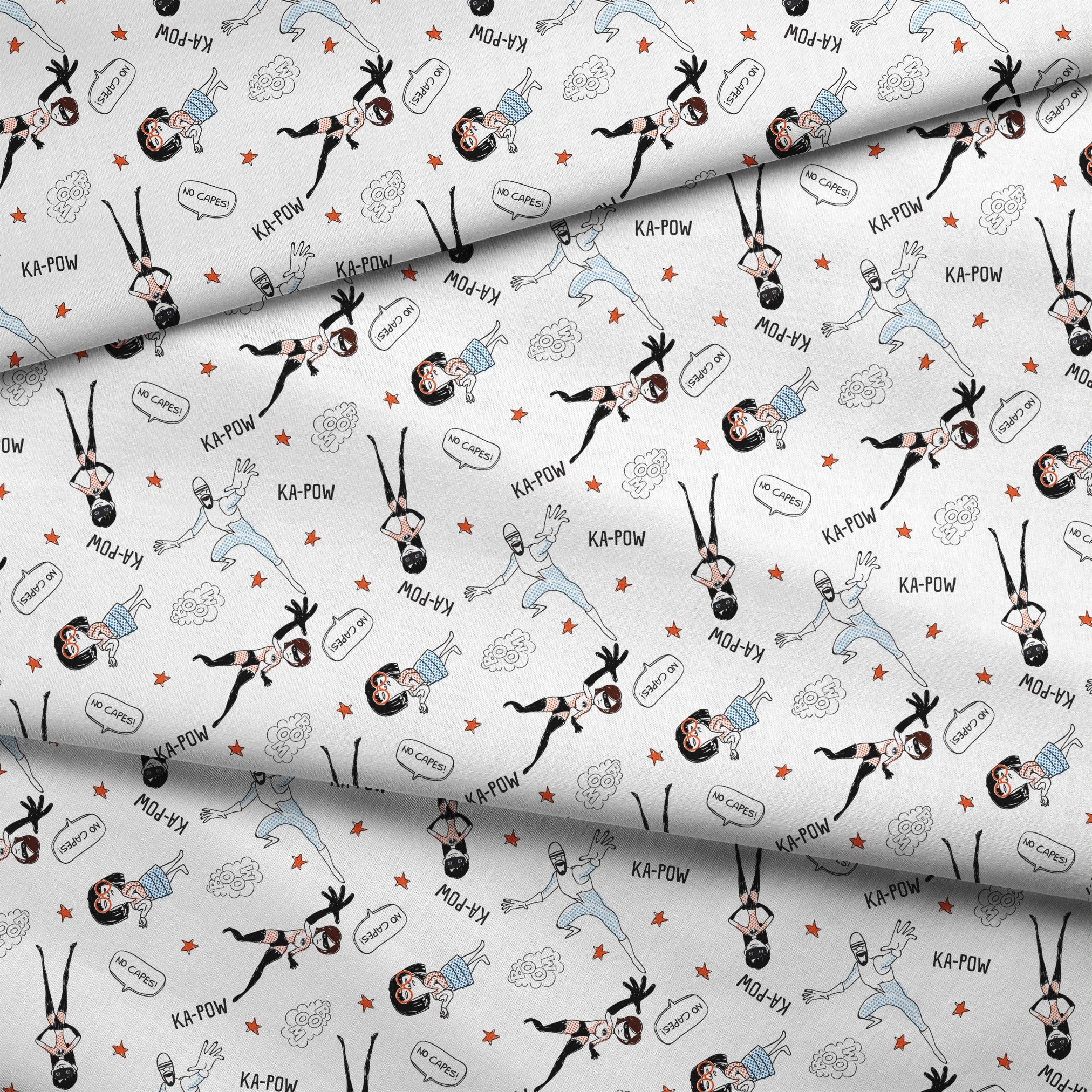 The Incredibles in dynamic poses with comic book sound effects like "KA-POW" on white background with orange stars fabric fold mockup