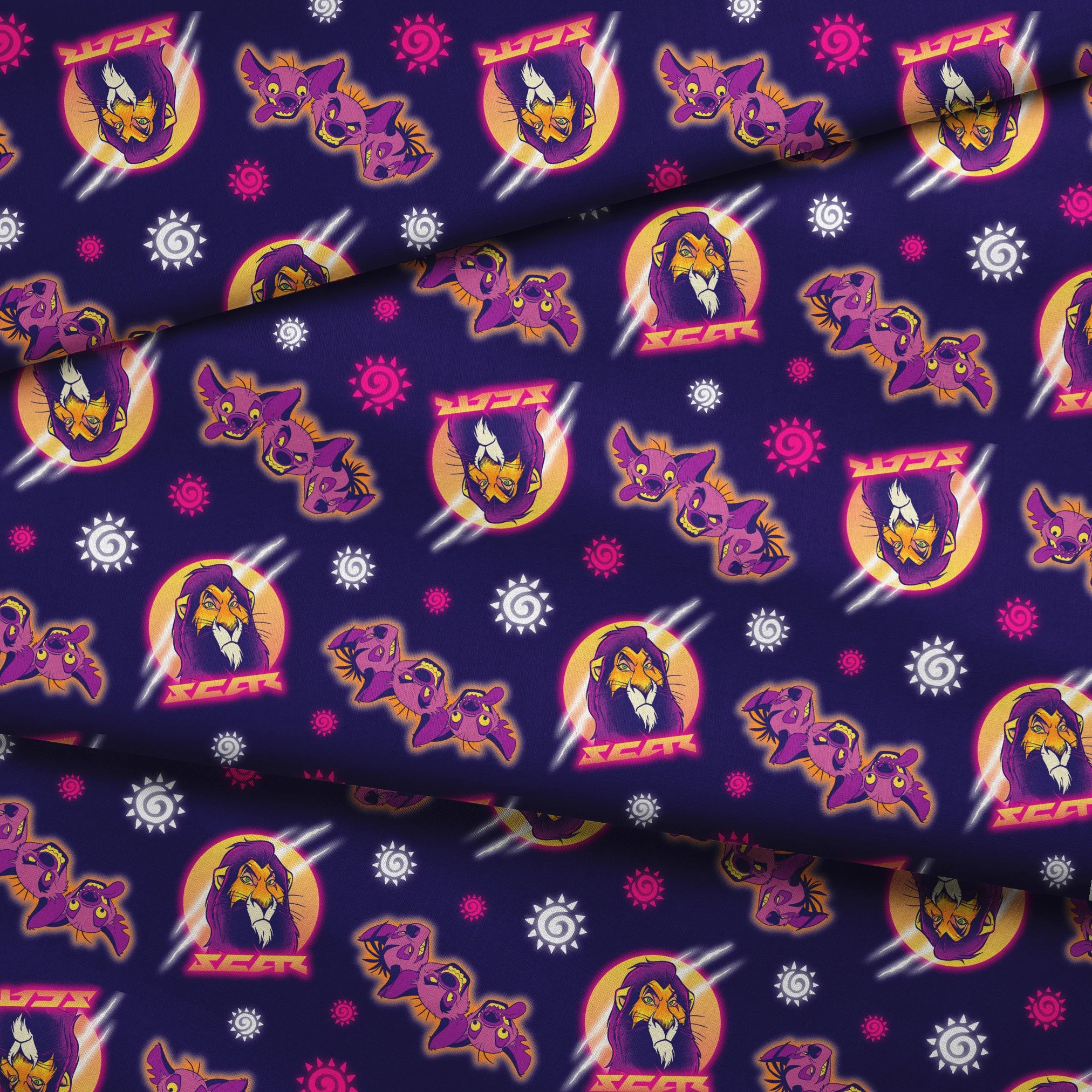 Lion and hyena characters pattern with suns on purple background, Disney's Lion King inspired design fabric fold mockup