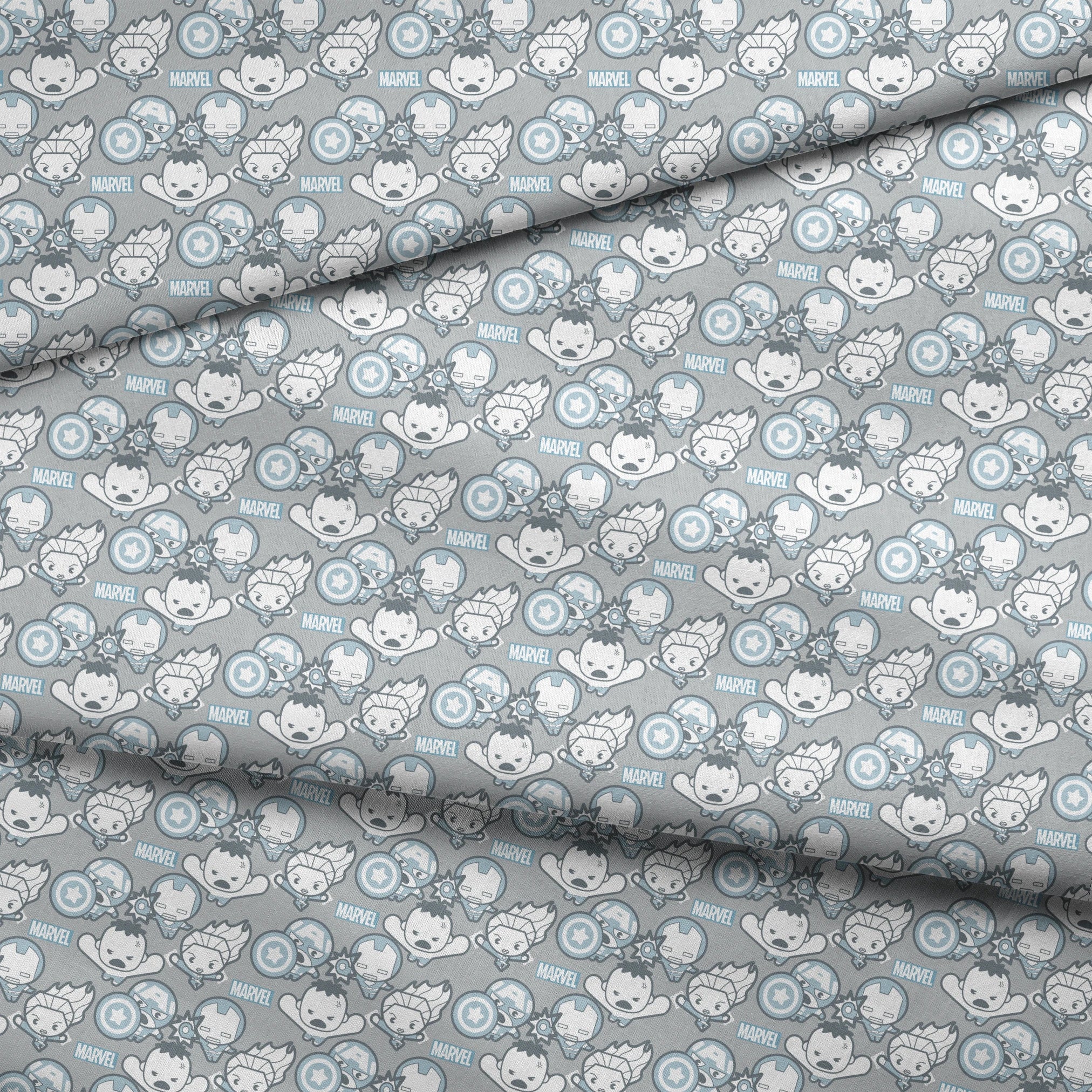 Cute cartoon Marvel superhero pattern with simplified characters and icons on gray background fabric fold mockup