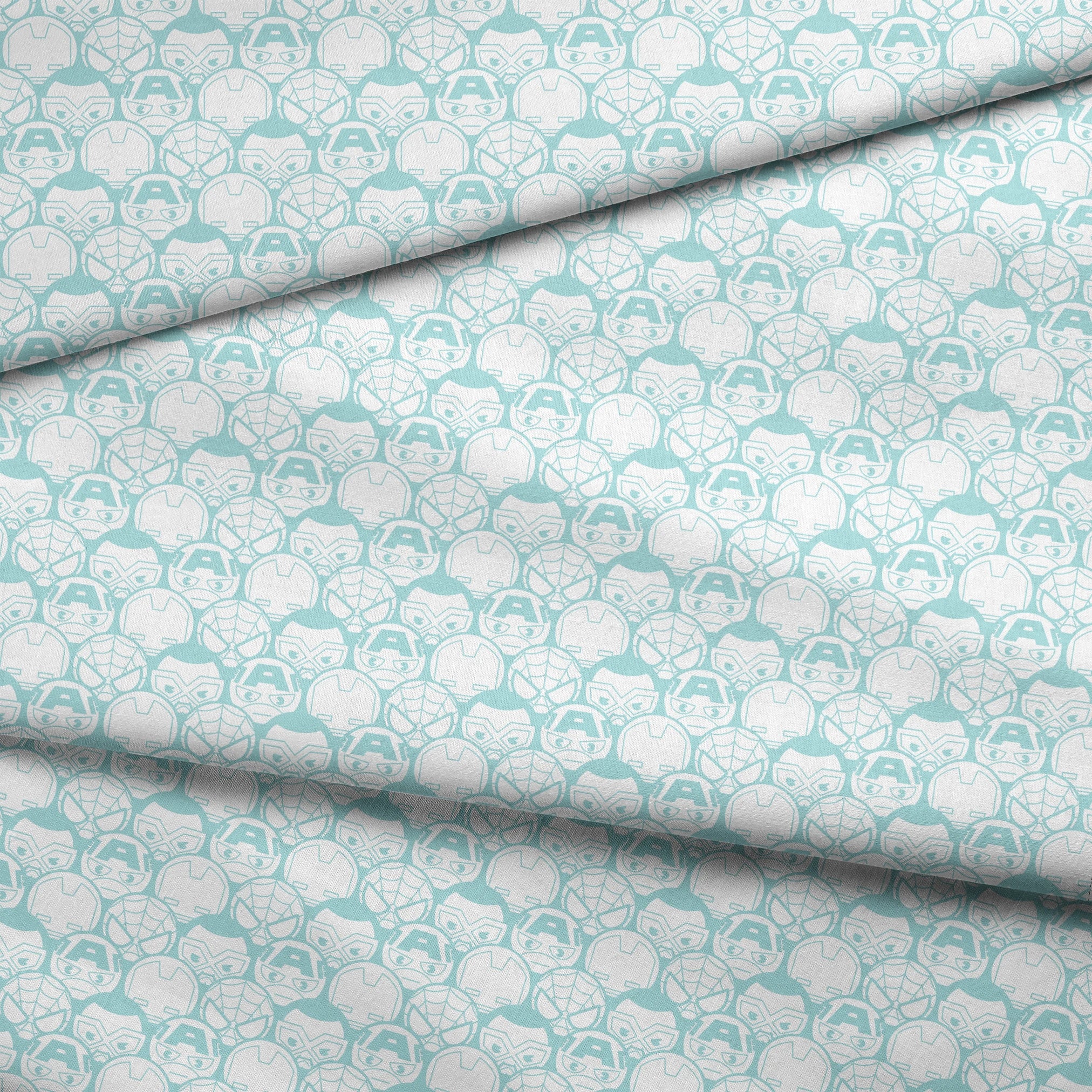 Light blue and white pattern of stylized superhero masks and helmets in a repeating design fabric fold mockup