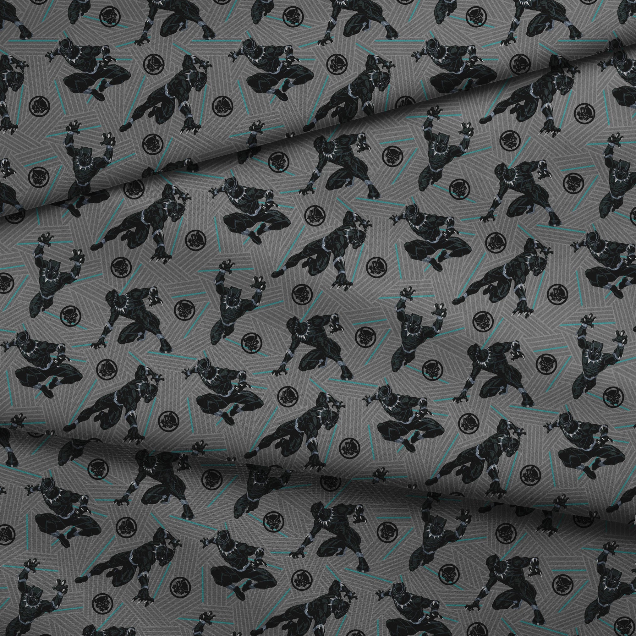 Black superhero figure in dynamic poses against gray geometric background with teal accents and circular emblems fabric fold mockup