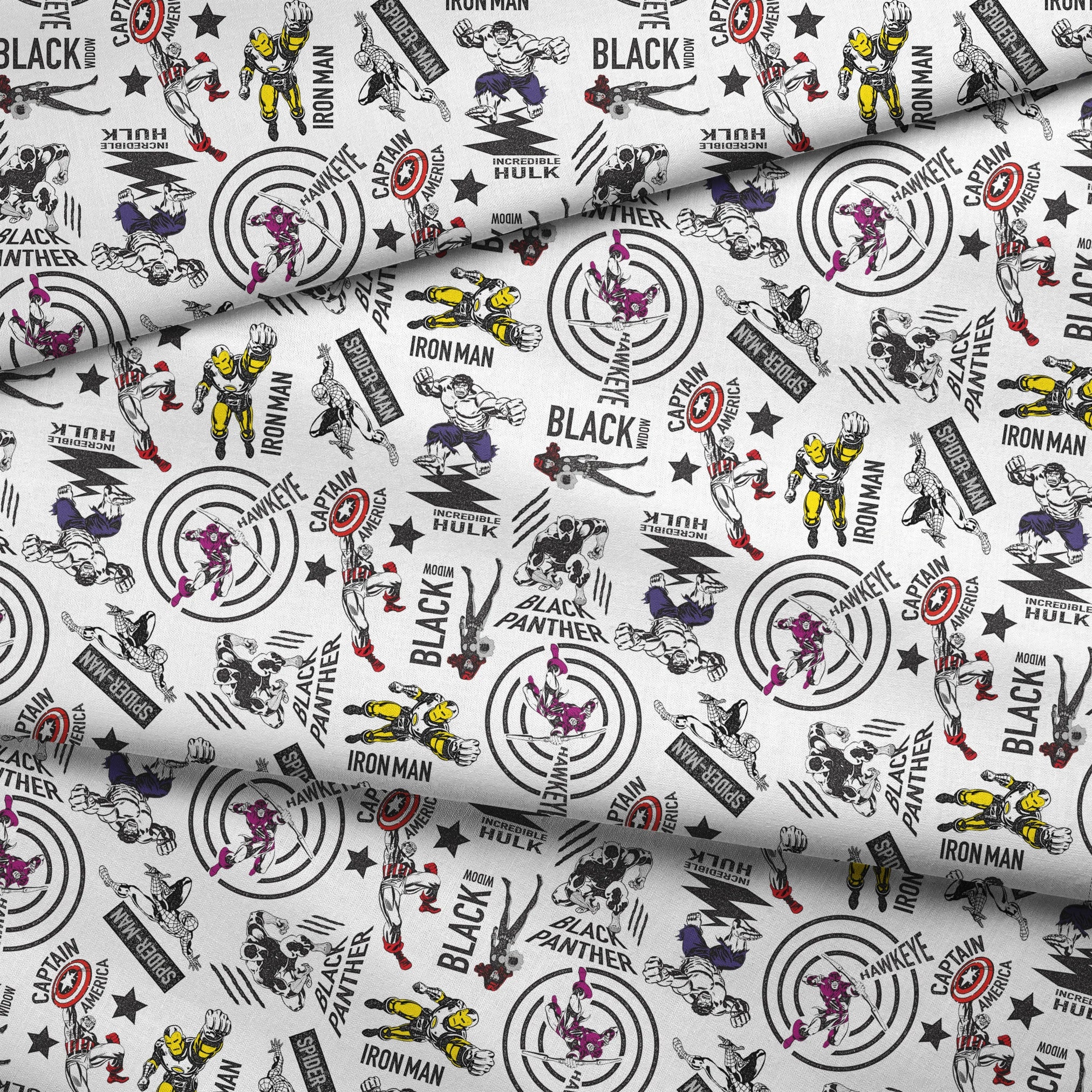 Marvel superheroes pattern with Iron Man, Captain America, Hulk, and Black Panther on white background fabric fold mockup