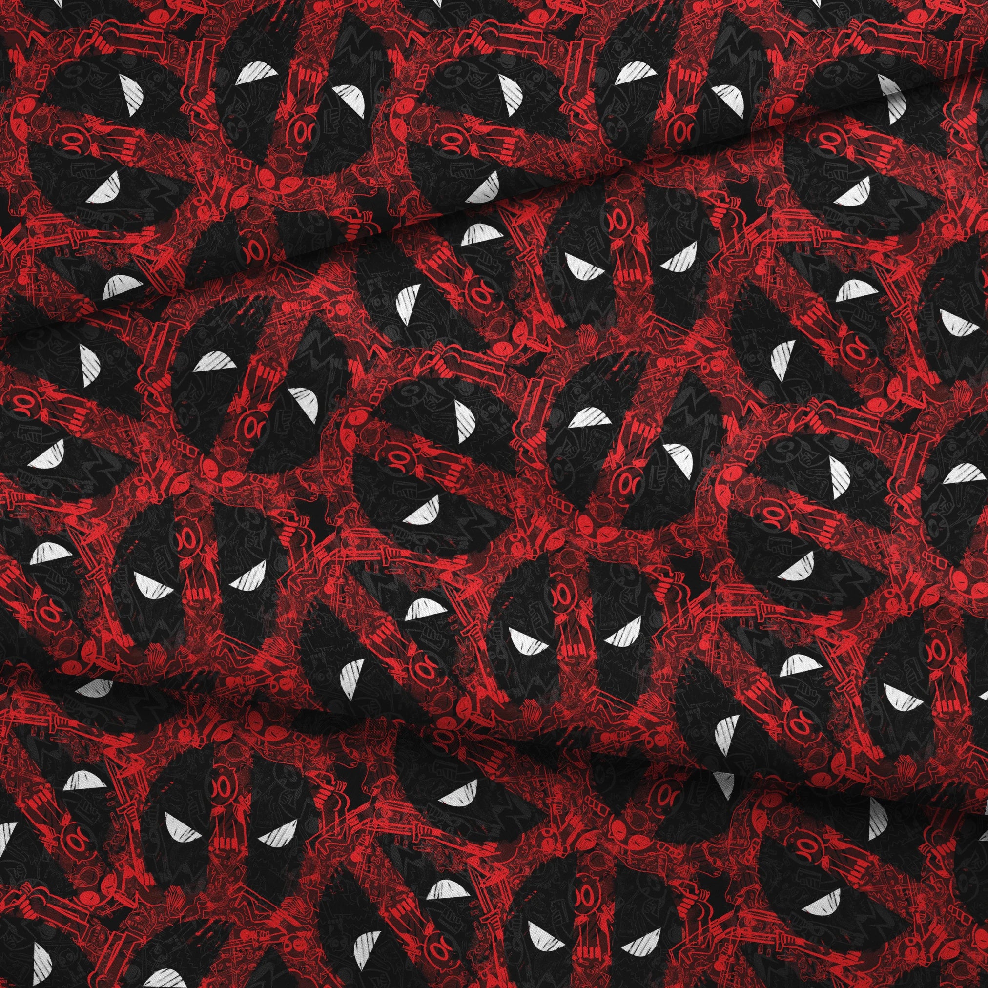Abstract pattern of red and black chaotic lines with white triangular shapes scattered throughout the design fabric fold mockup