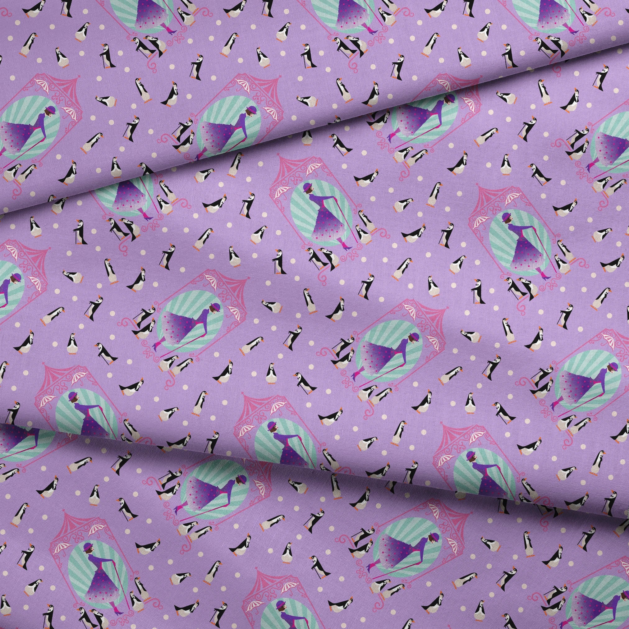 Playful pattern of penguins, Mary Poppins, and purple umbrellas on lavender background with white polka dots fabric fold mockup