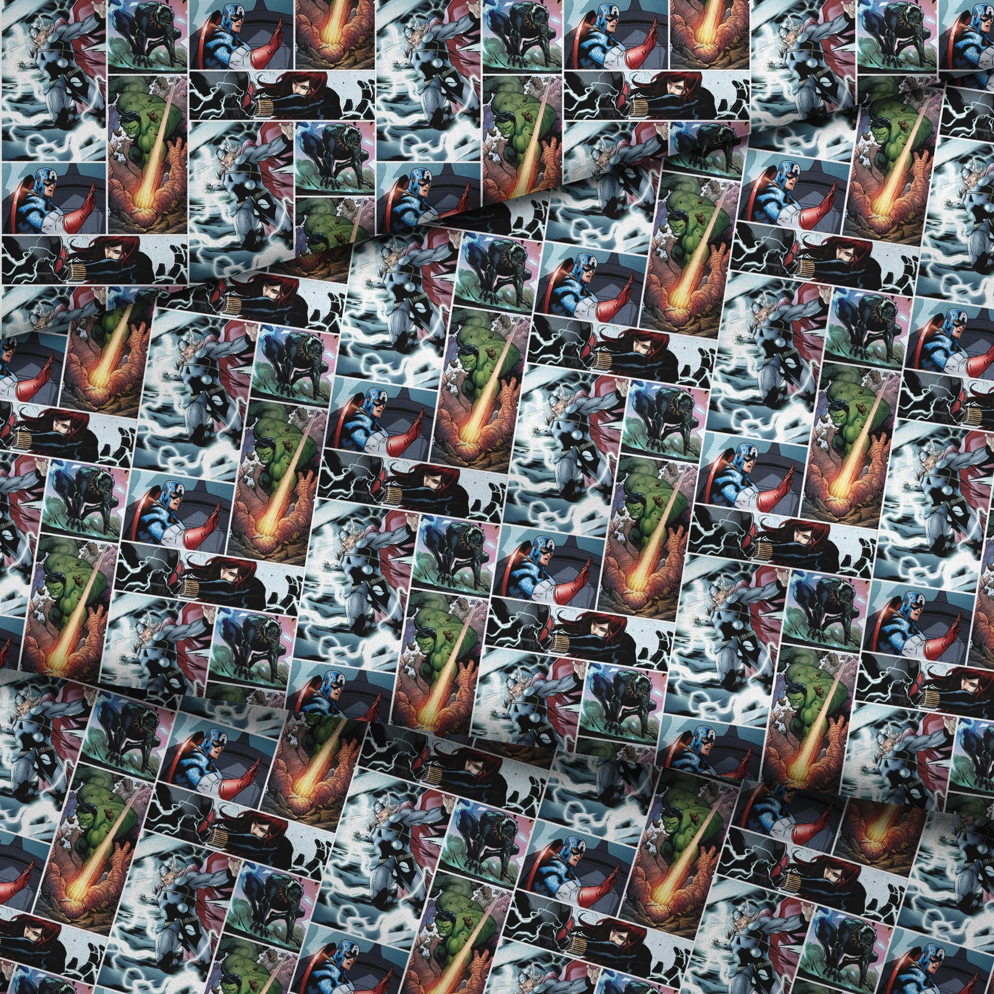 Comic book collage featuring Thor with lightning, Captain America with shield, Hulk, and various Marvel superheroes in action scenes fabric fold mockup