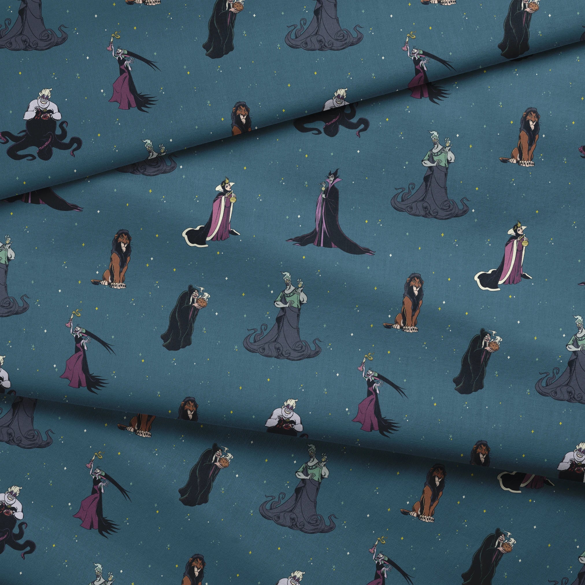 Disney villains pattern on teal background featuring Ursula, Maleficent, Cruella, and Scar in various poses fabric fold mockup
