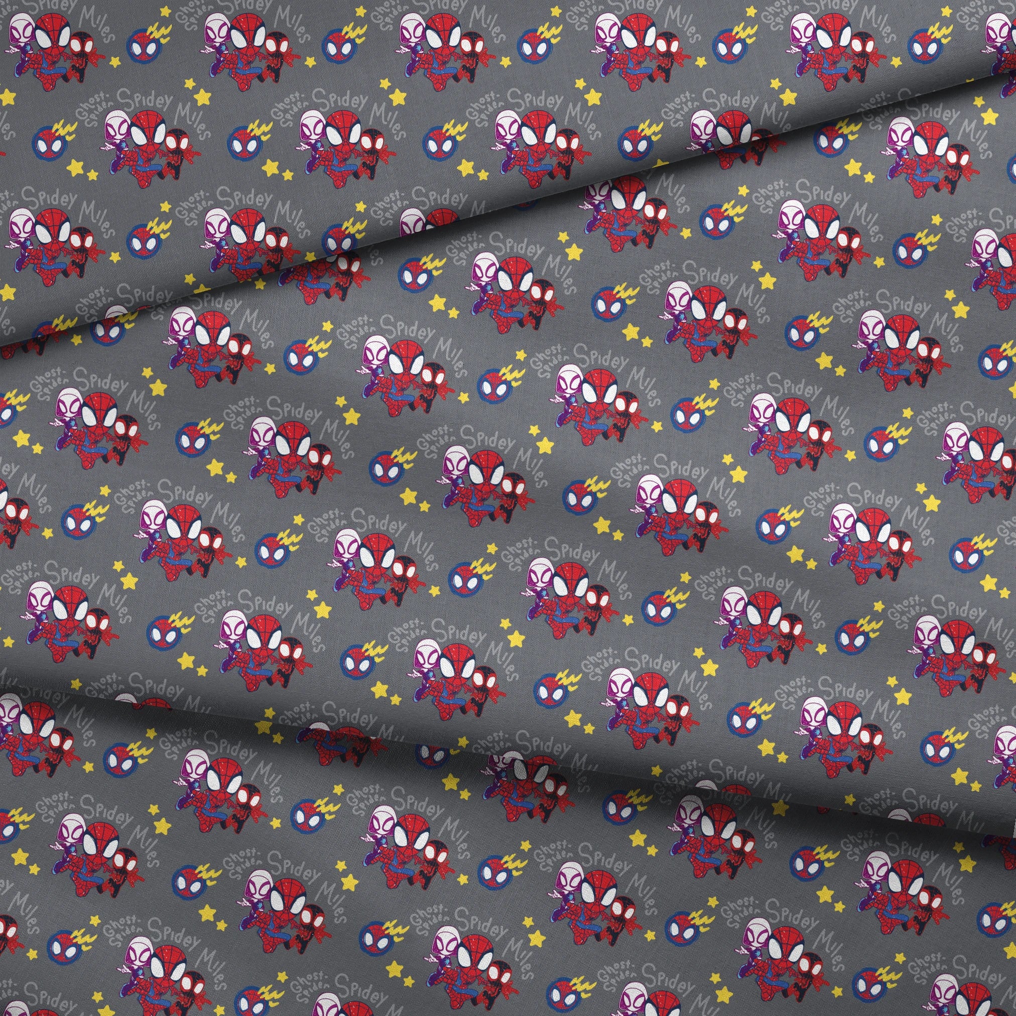 Cartoon Spider-Man characters pattern with stylized spider heroes and yellow stars on gray background fabric fold mockup