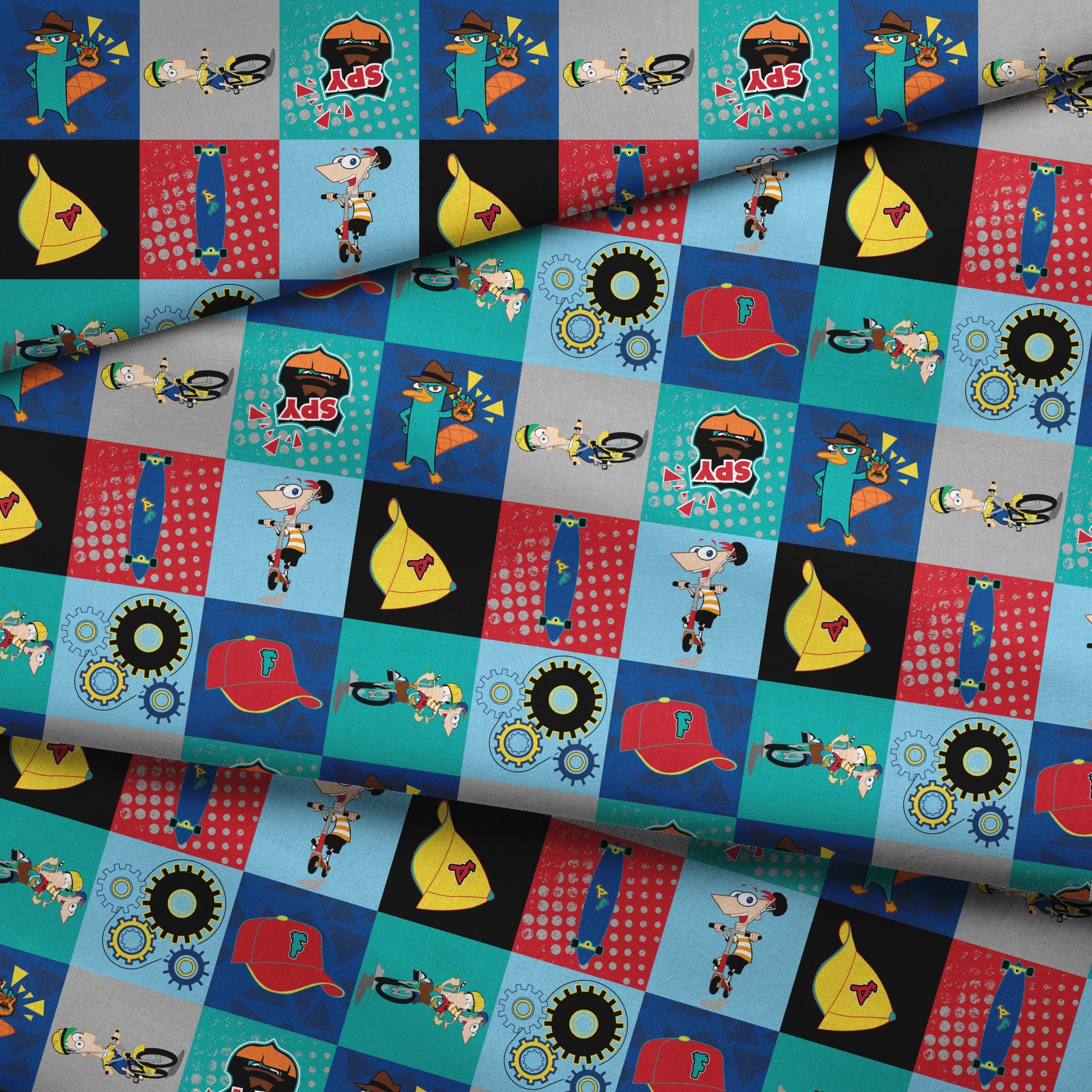Phineas and Ferb cartoon characters in 9-square grid featuring Perry, logos, and mechanical designs fabric fold mockup