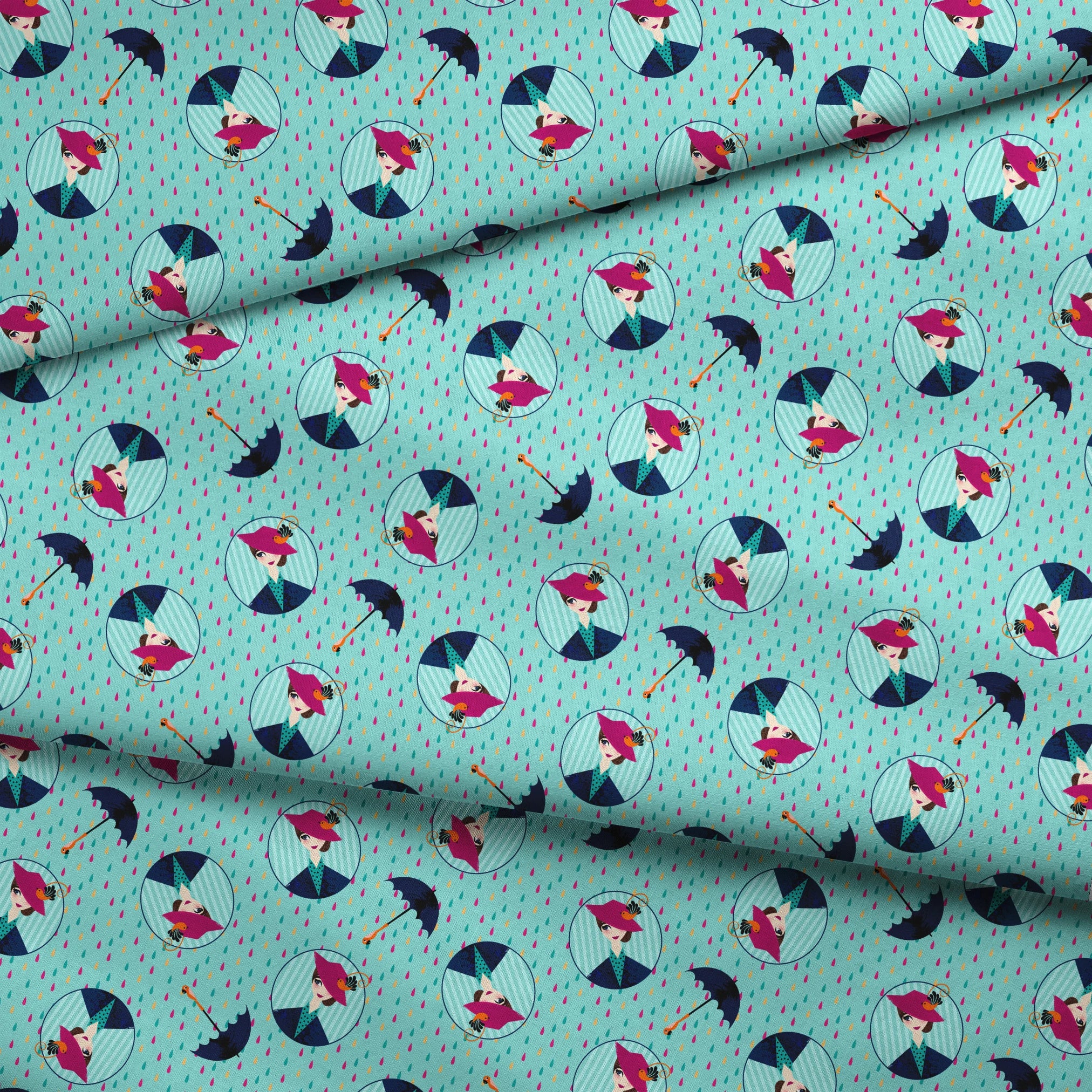 Colorful rainy pattern with Mary Poppins holding umbrellas in circular frames on turquoise background with pink raindrops fabric fold mockup