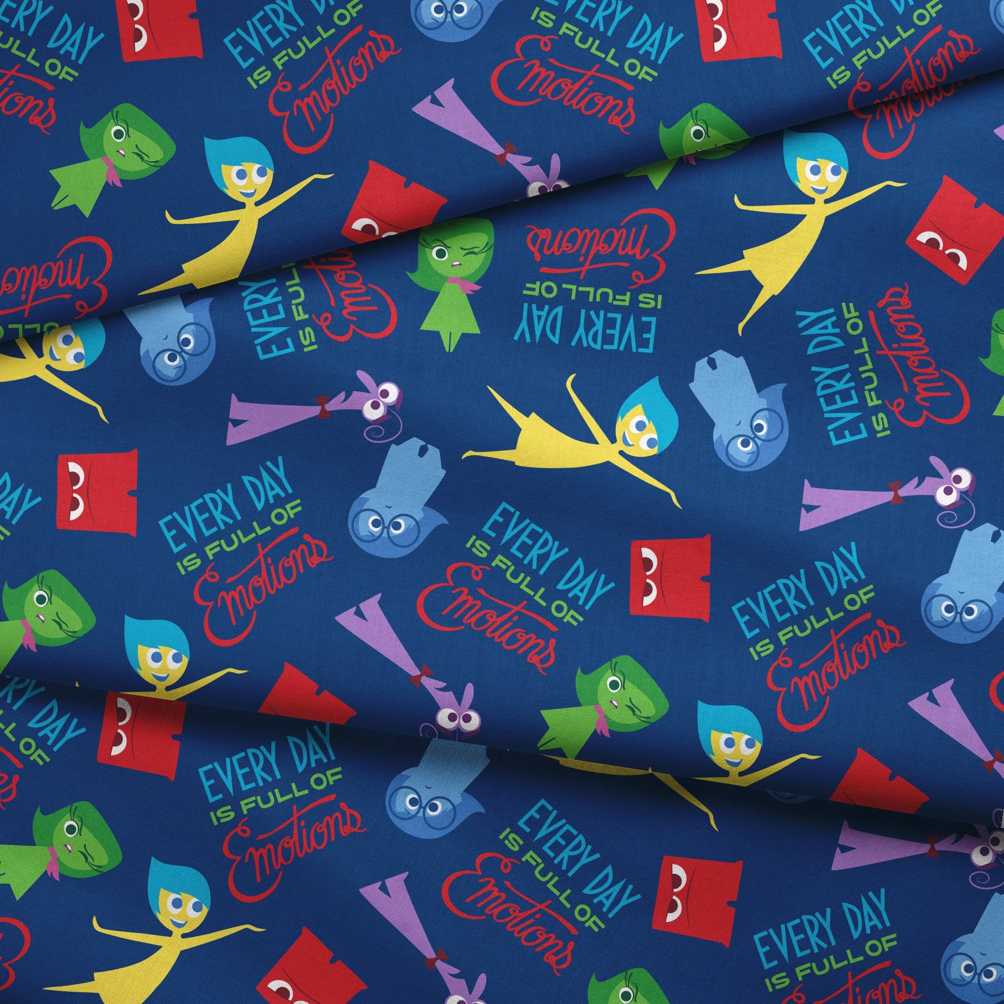 Colorful cartoon character pattern on blue background with characters from Inside Out movie and text phrases fabric fold mockup
