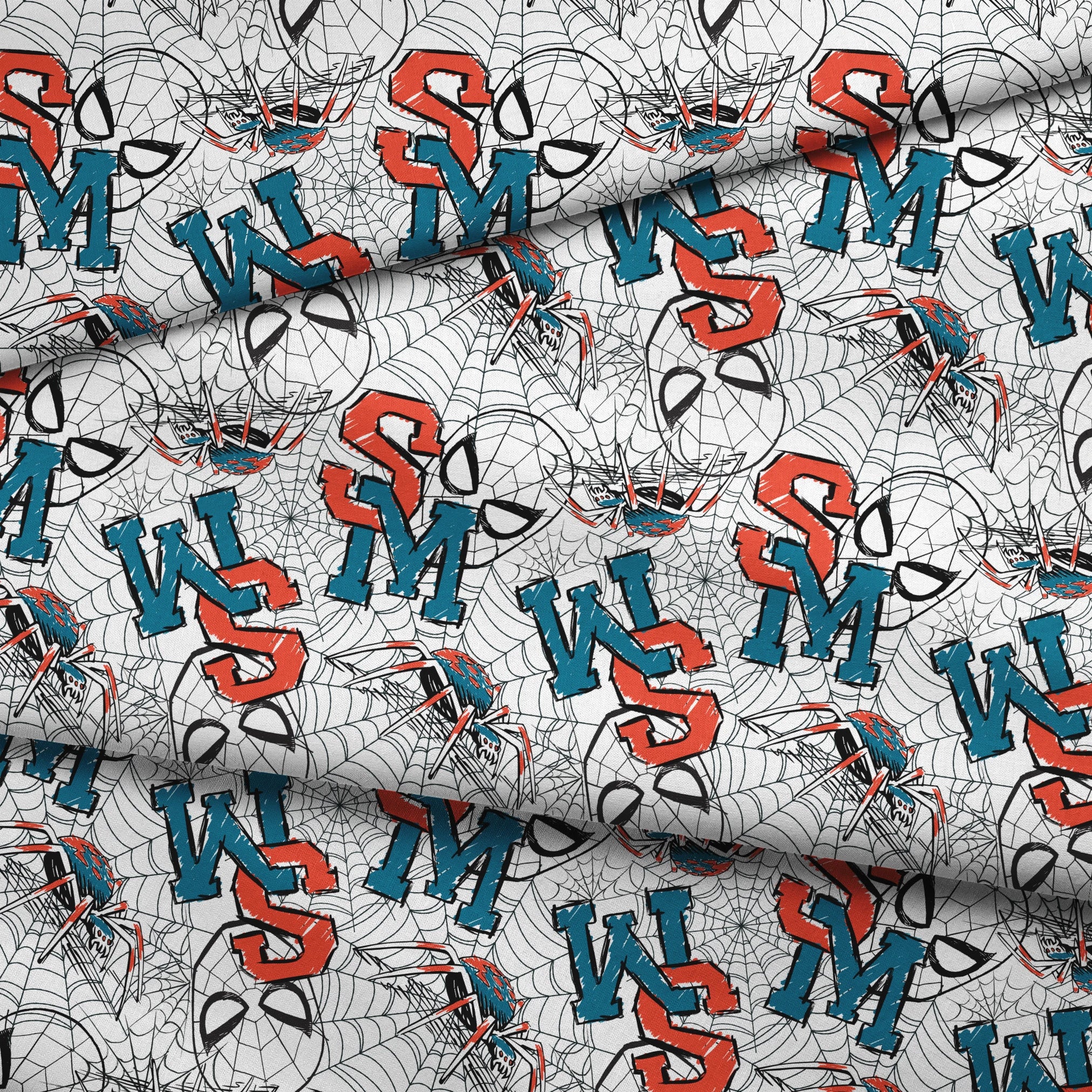 Abstract design with blue and red letters (S, M, K) overlaid with black spider web patterns on white background fabric fold mockup