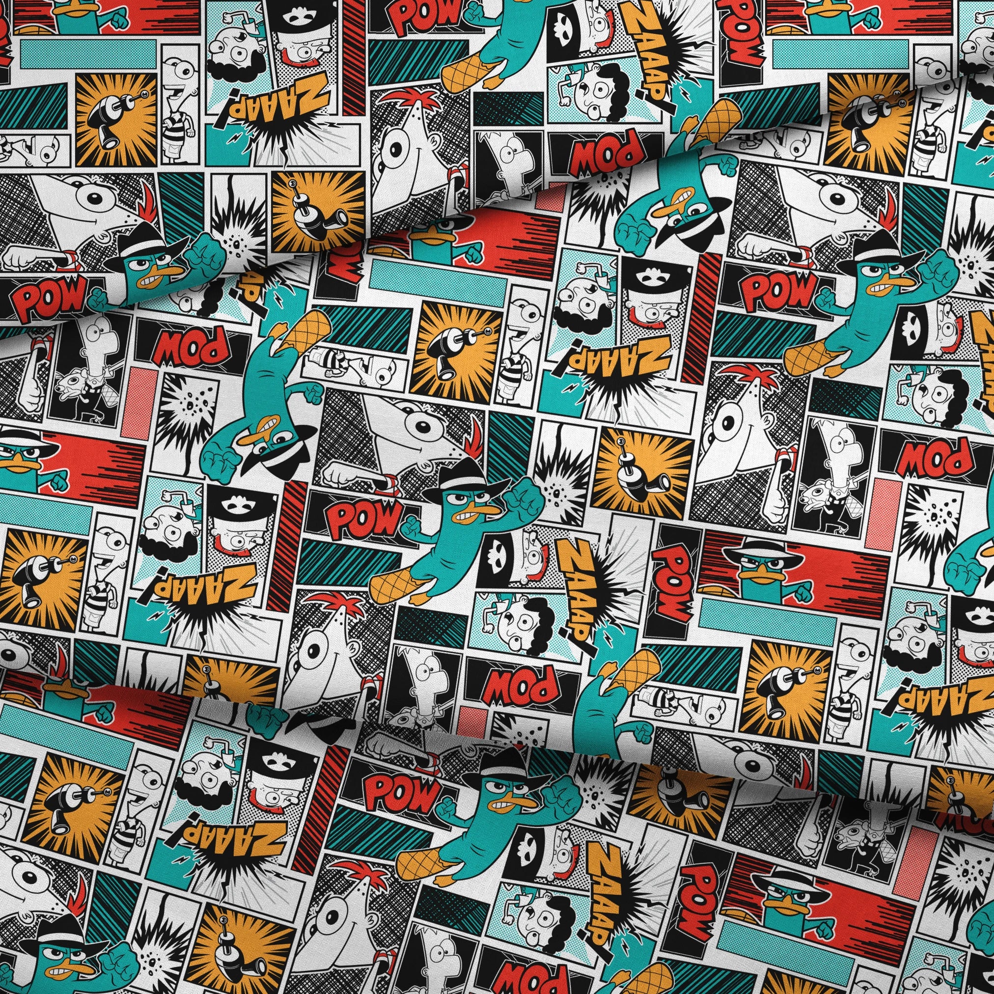 Comic book style pattern with colorful panels featuring sound effects like POW, BANG, and WHAM on red, blue, and black backgrounds fabric fold mockup