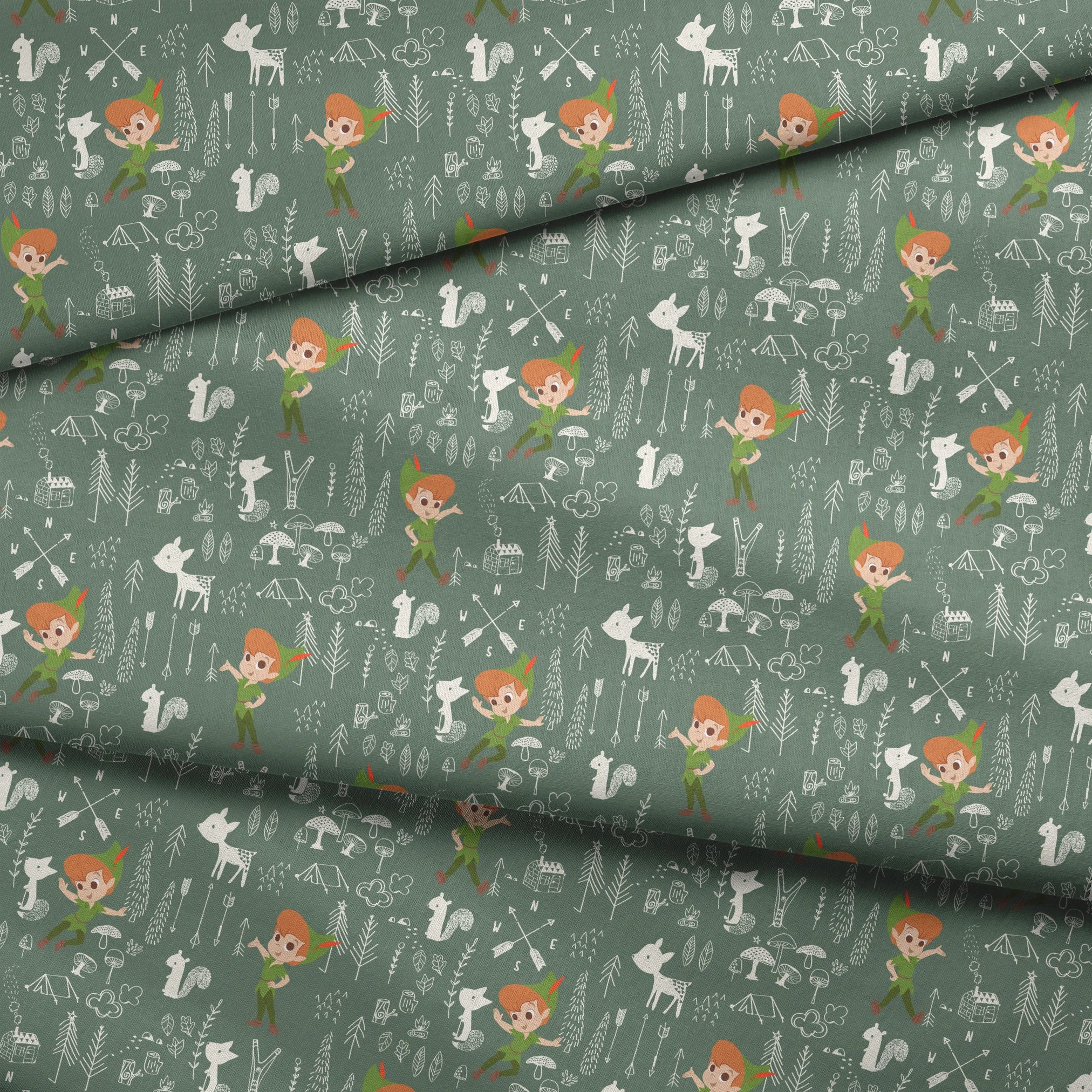 Illustrated forest pattern with cartoon characters in green outfits, white animals, and woodland elements on sage background. fabric fold mockup