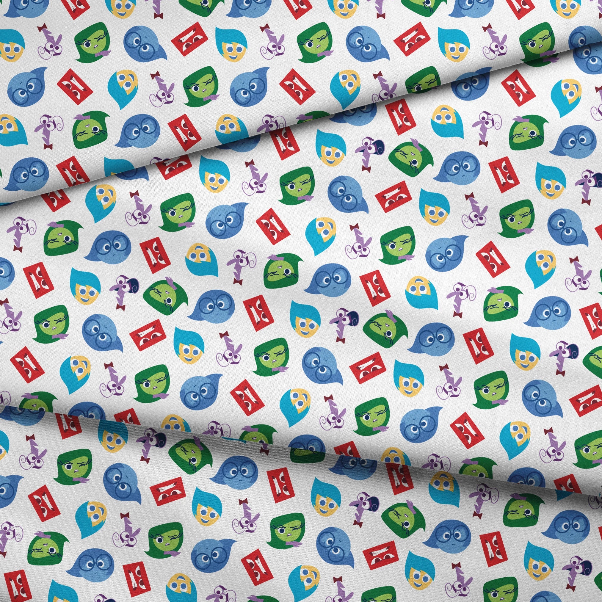 Colorful pattern of Inside Out characters - Joy, Sadness, Anger, Disgust, and Fear fabric fold mockup