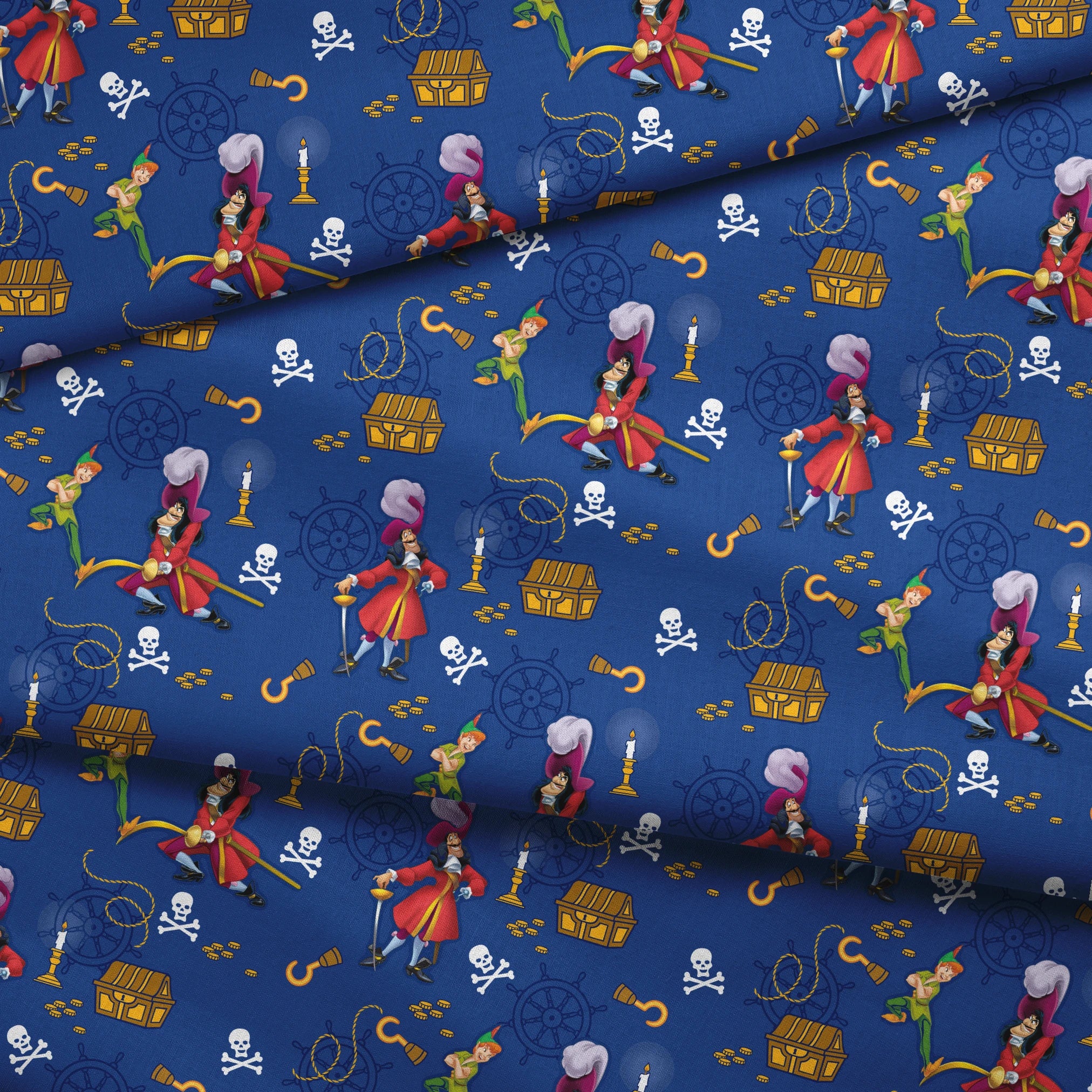 Pirate-themed pattern with captains, treasure chests, hooks, and skull symbols on blue background fabric fold mockup