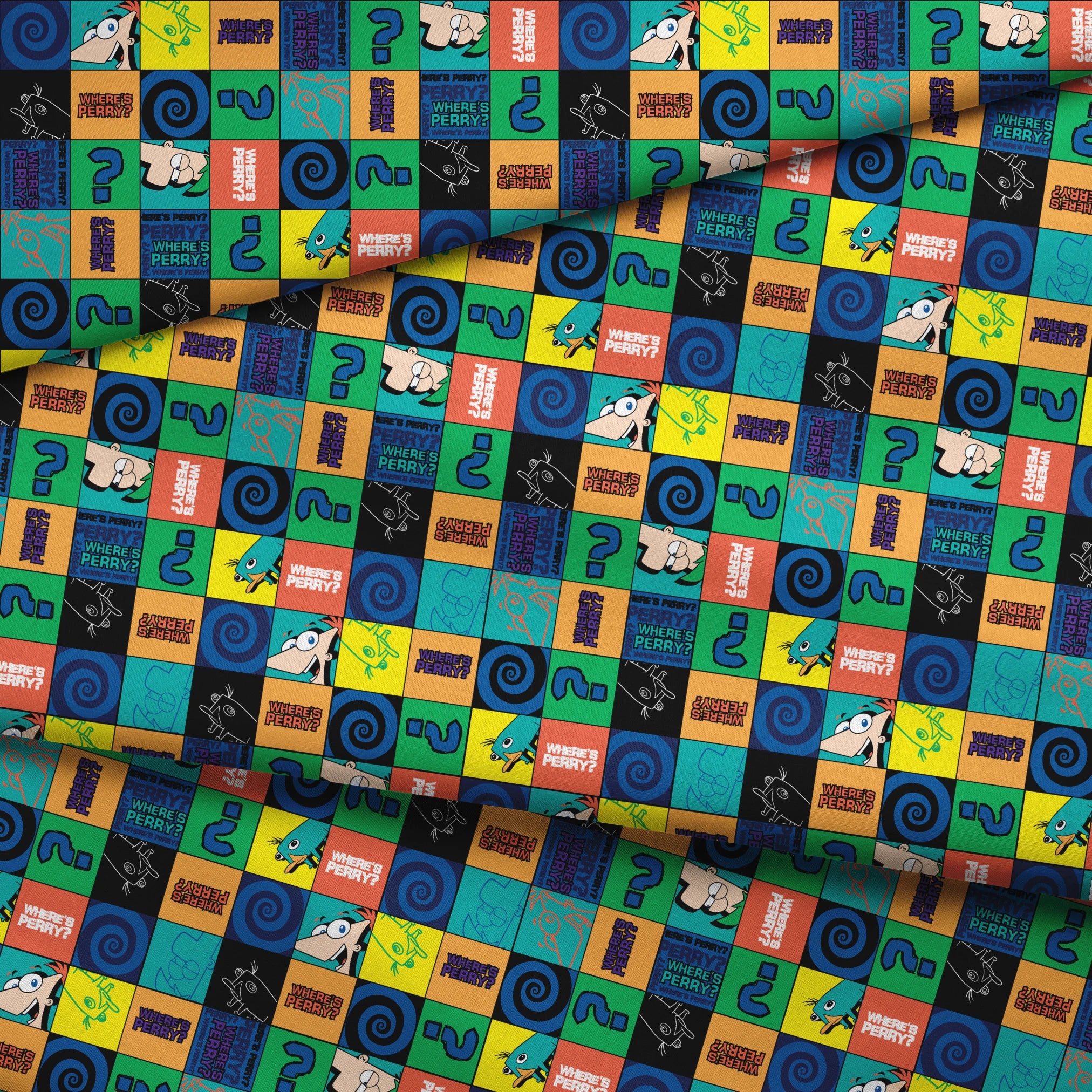 Colorful grid pattern with Phineas and Ferb cartoon characters, logos, question marks, and spirals in blue, green, and orange squares. fabric fold mockup