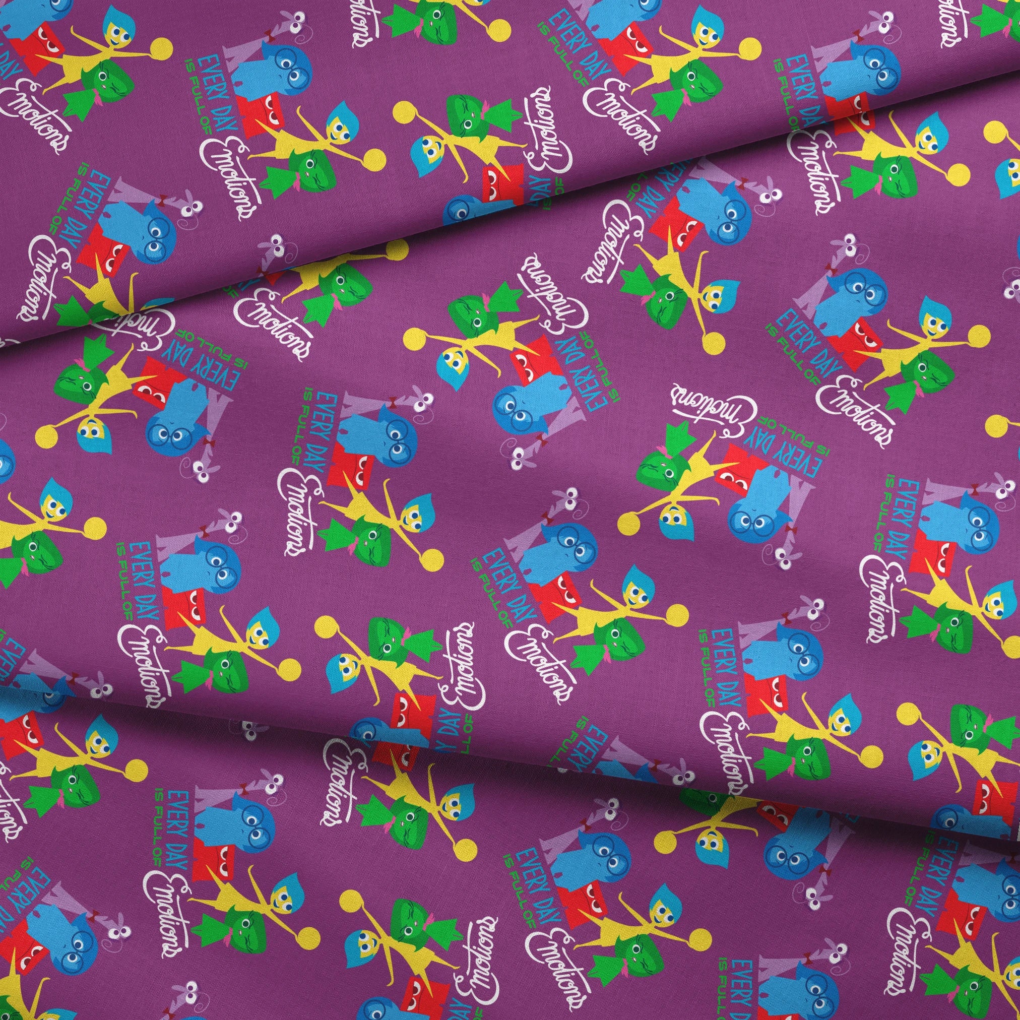 Purple background with repeating pattern of Inside Out characters - Joy, Sadness, Anger, Disgust, Fear, and text elements. fabric fold mockup