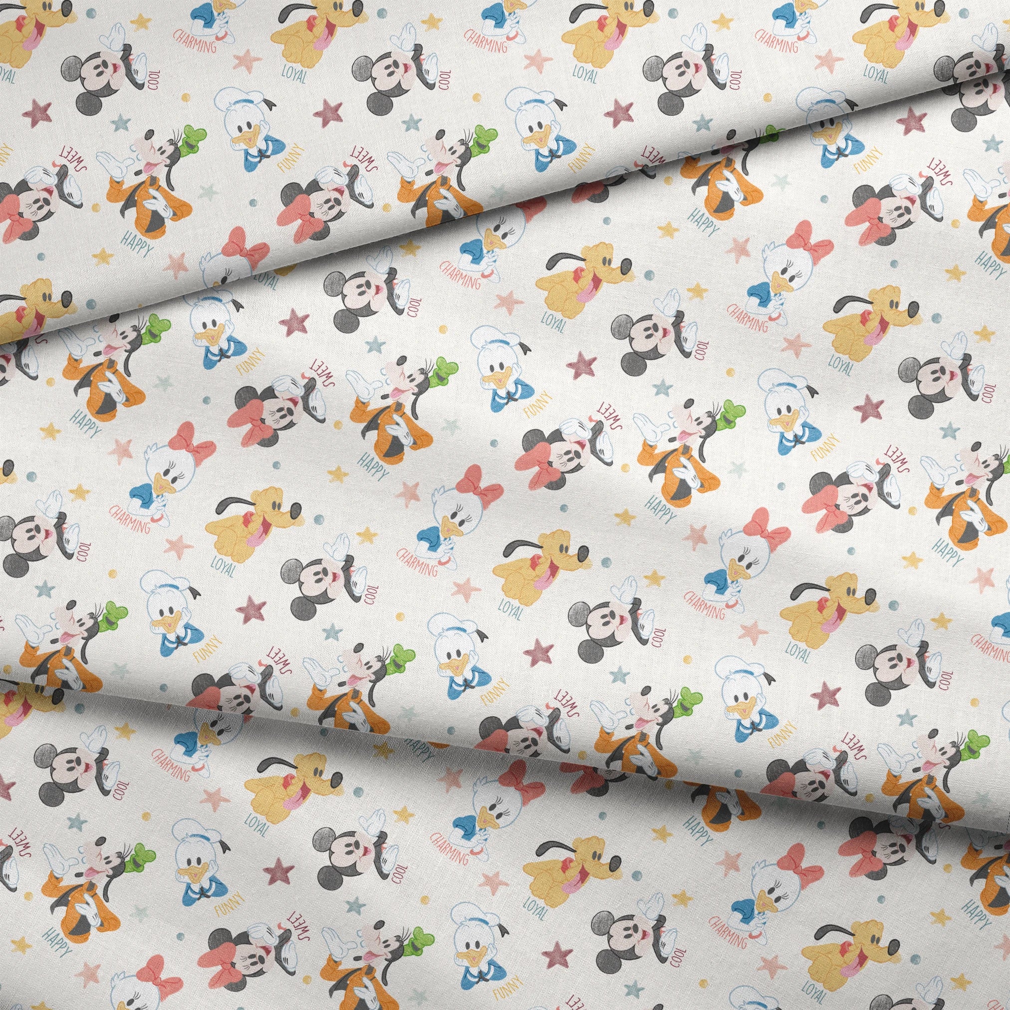 Colorful Disney character pattern with Mickey, Minnie, Donald, Pluto and stars on white background fabric fold mockup