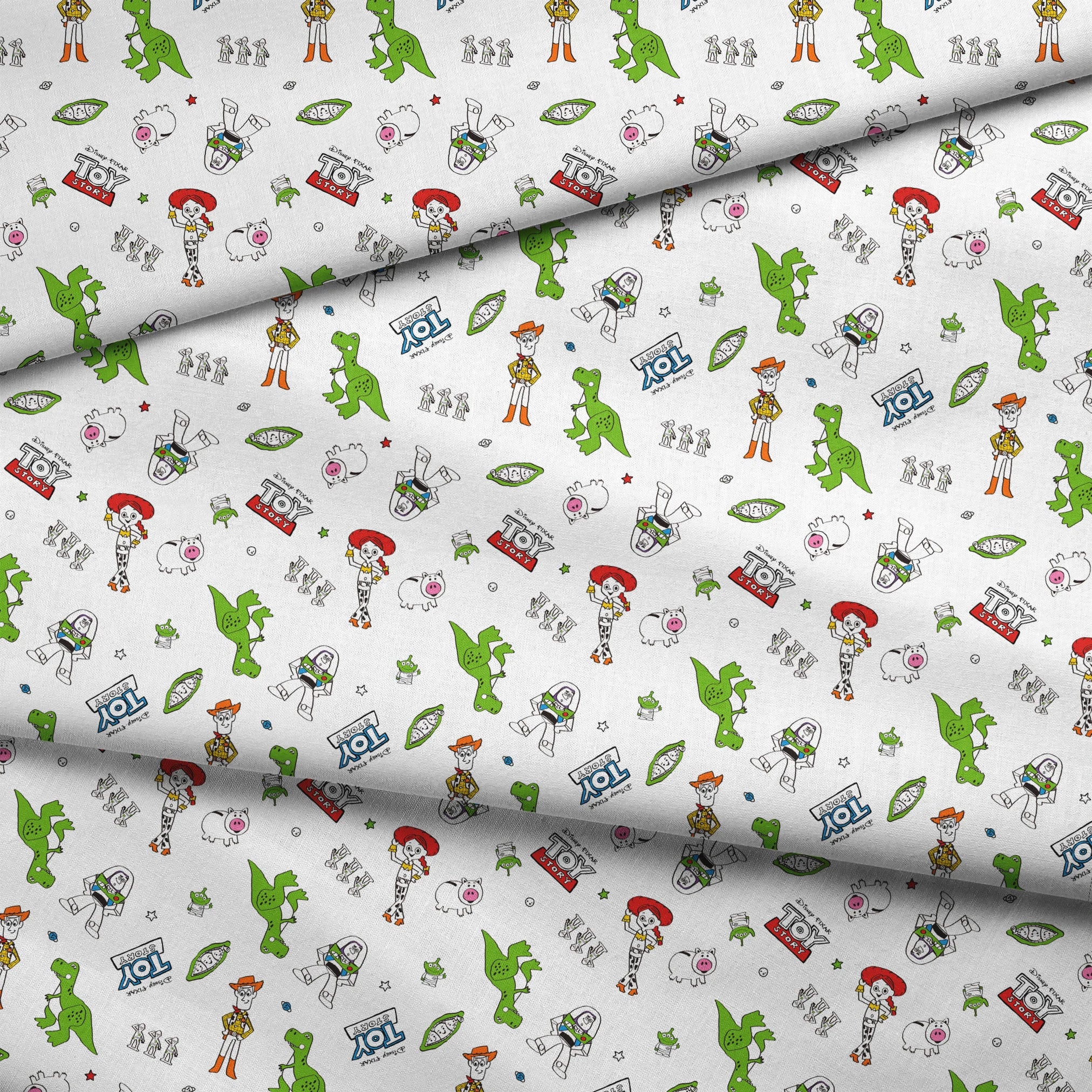 Toy Story pattern with Rex, Buzz, Woody, and alien characters scattered on white background fabric fold mockup