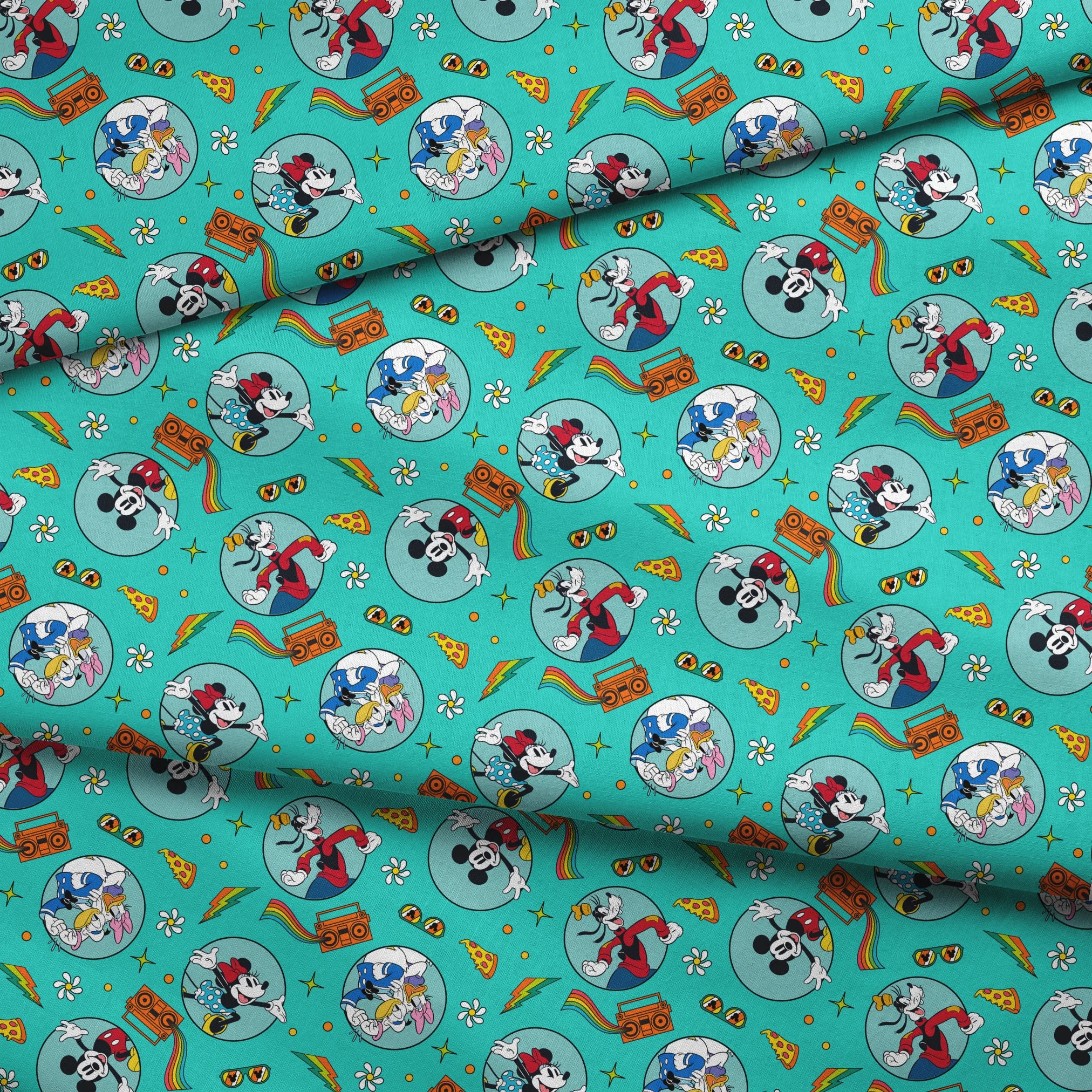 Colorful Mickey Mouse and friends pattern with pizza, boomboxes, sunglasses on teal background fabric fold mockup