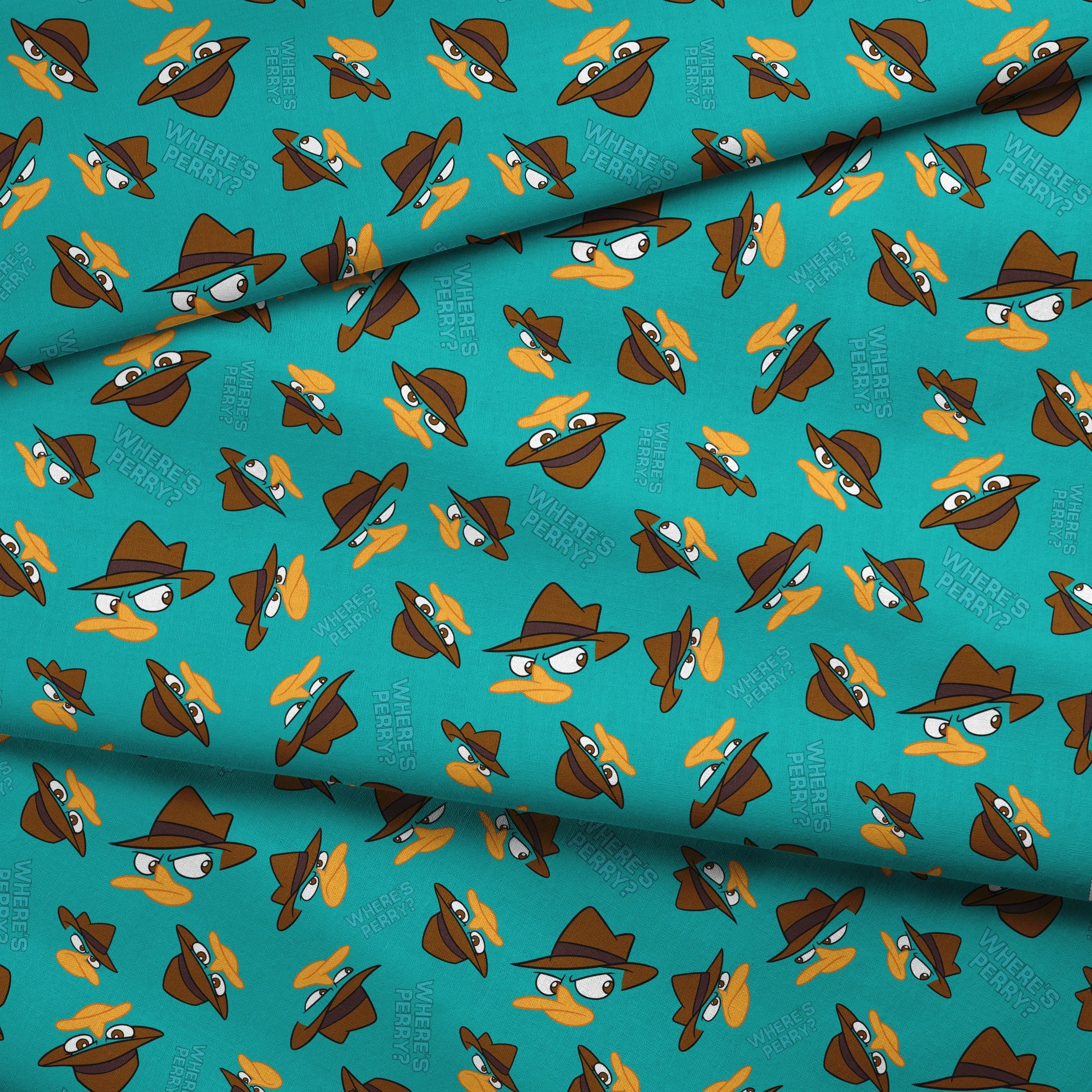 Pattern of cartoon character faces with brown fedora hats on teal background with "Where's Perry" text fabric fold mockup