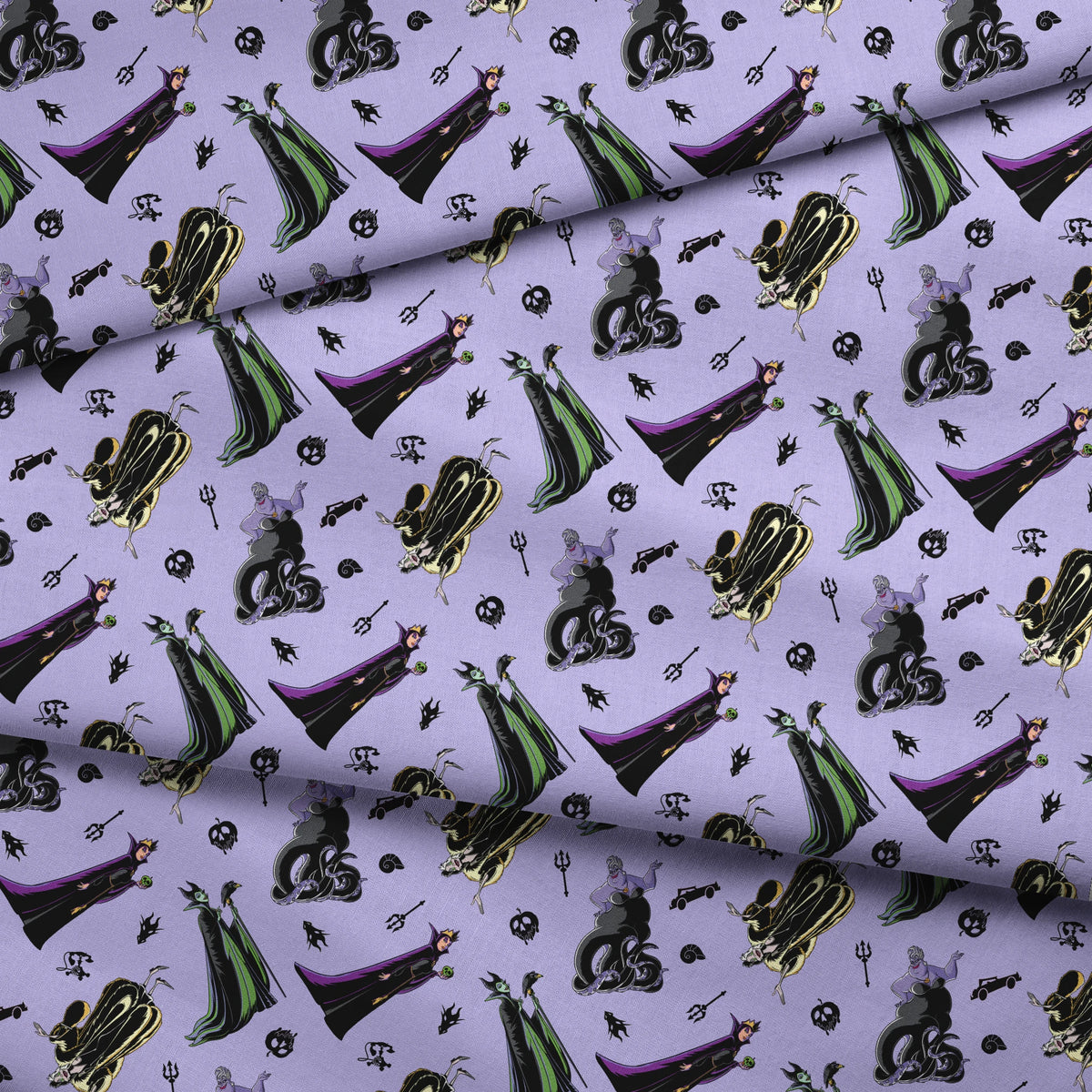 Disney villain characters pattern on purple background, featuring Maleficent and other iconic antagonists in stylized form fabric fold mockup