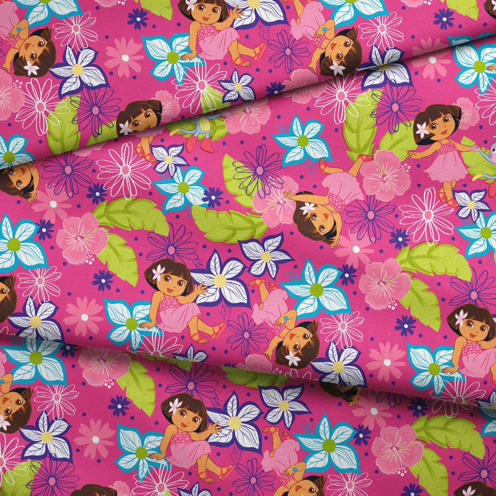 Colorful cartoon pattern with Dora the Explorer characters among vibrant flowers on pink background fabric fold mockup