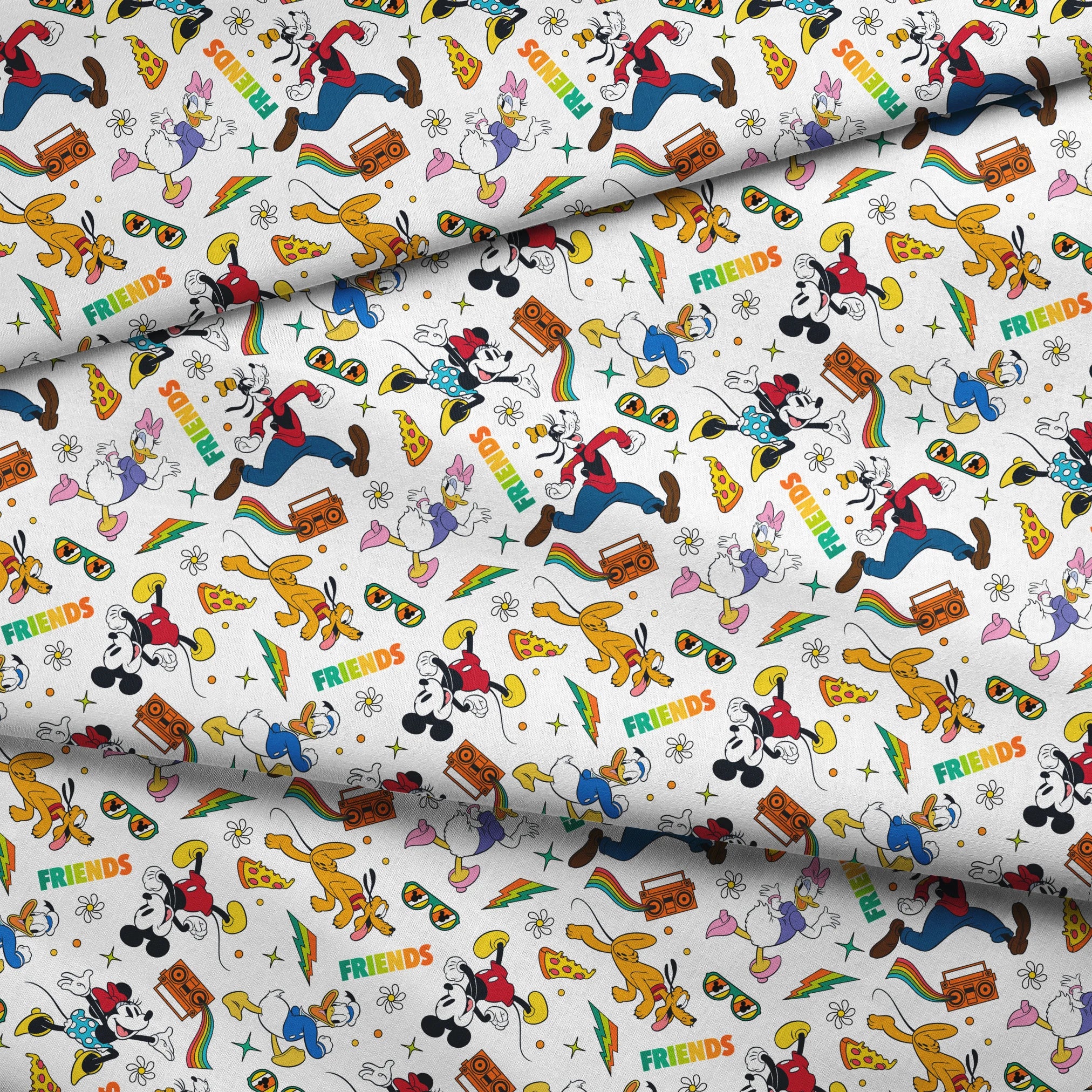 Cartoon pattern featuring classic Disney characters with radios, rainbows, sunglasses and "FRIENDS" text on white background. fabric fold mockup