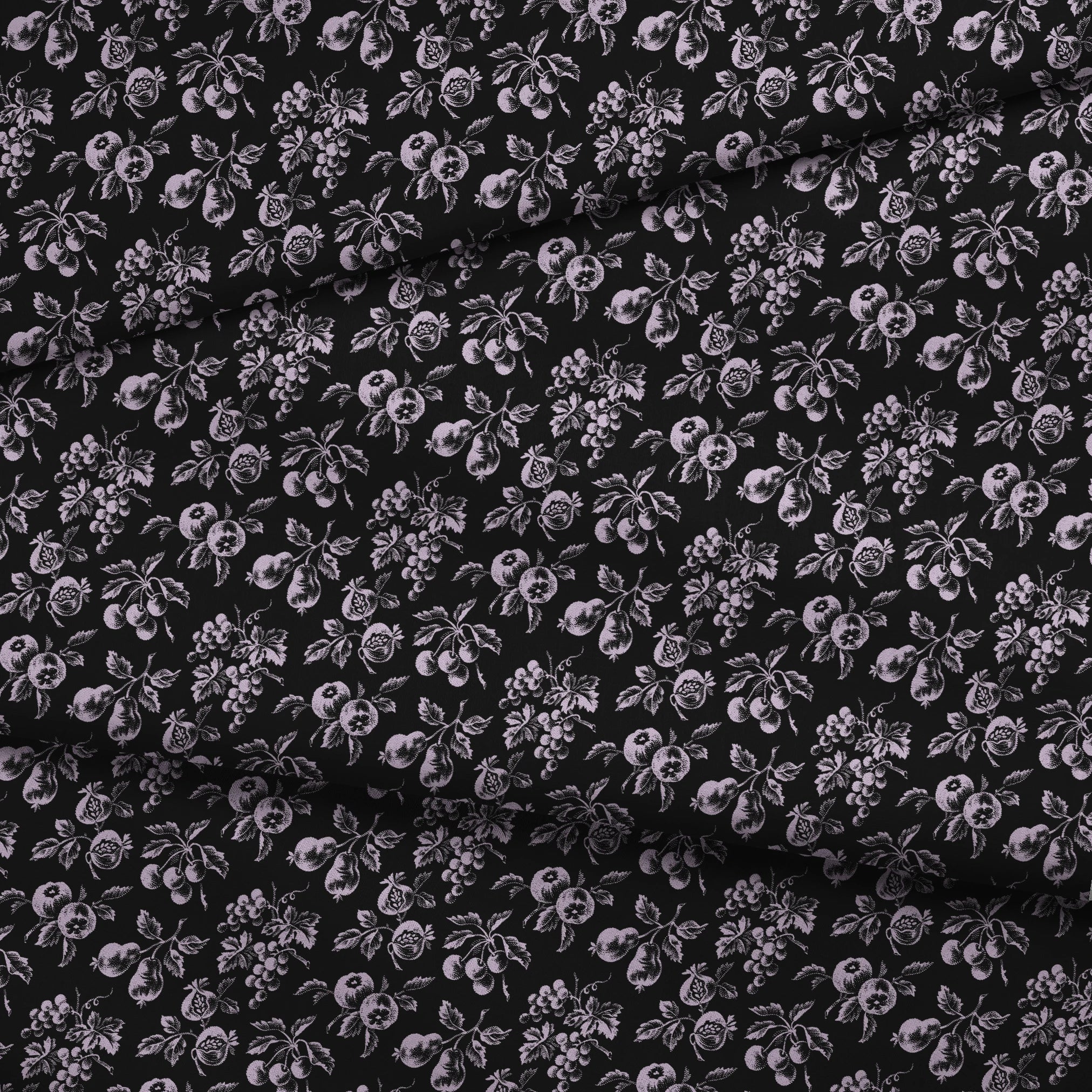 Elegant monochrome floral pattern with delicate white flowers scattered on a black background fabric fold mockup
