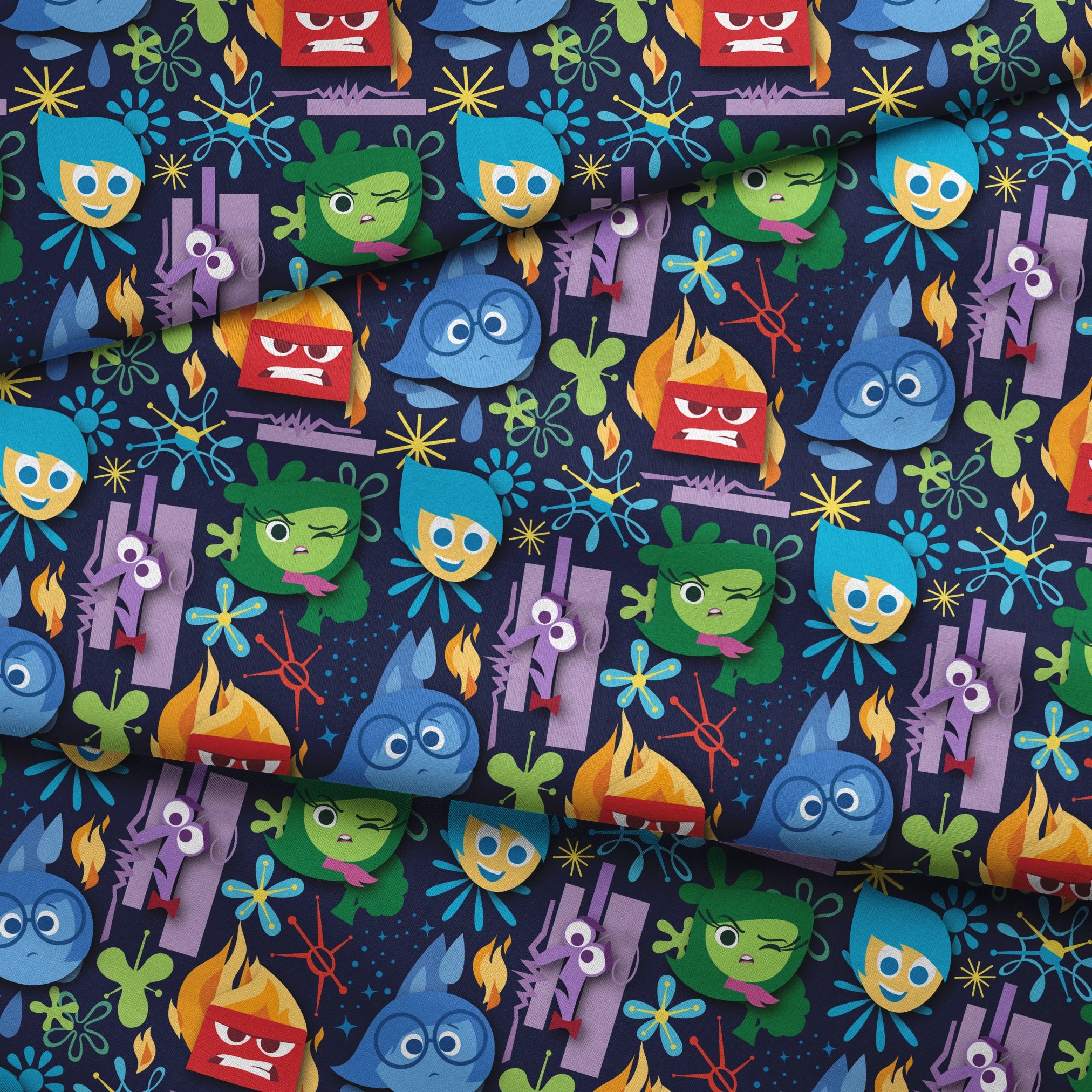 Colorful Inside Out characters with blue, red, green faces and abstract shapes on dark background fabric fold mockup