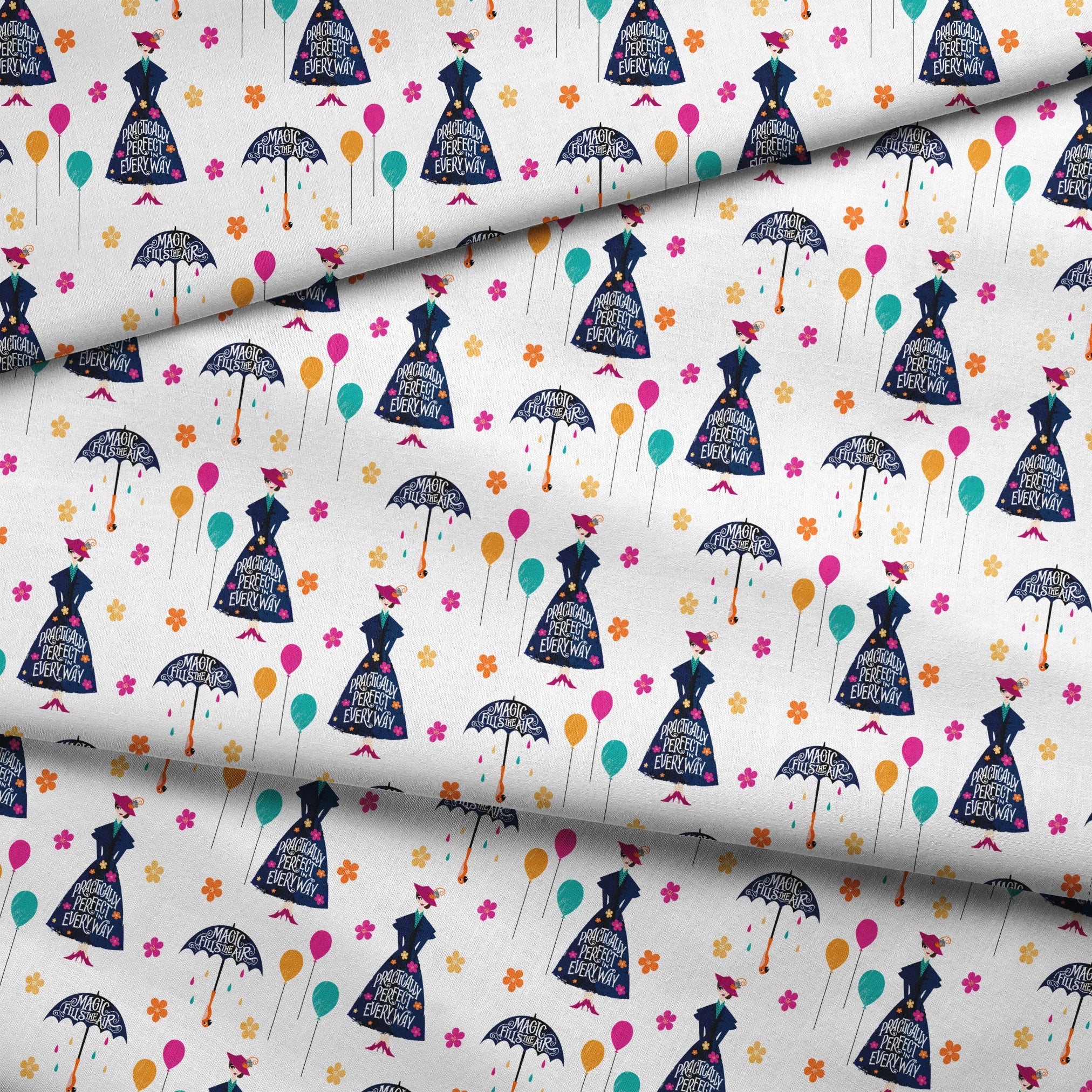 Colorful pattern with Mary Poppins-inspired silhouettes, umbrellas, balloons, and flowers on white background fabric fold mockup
