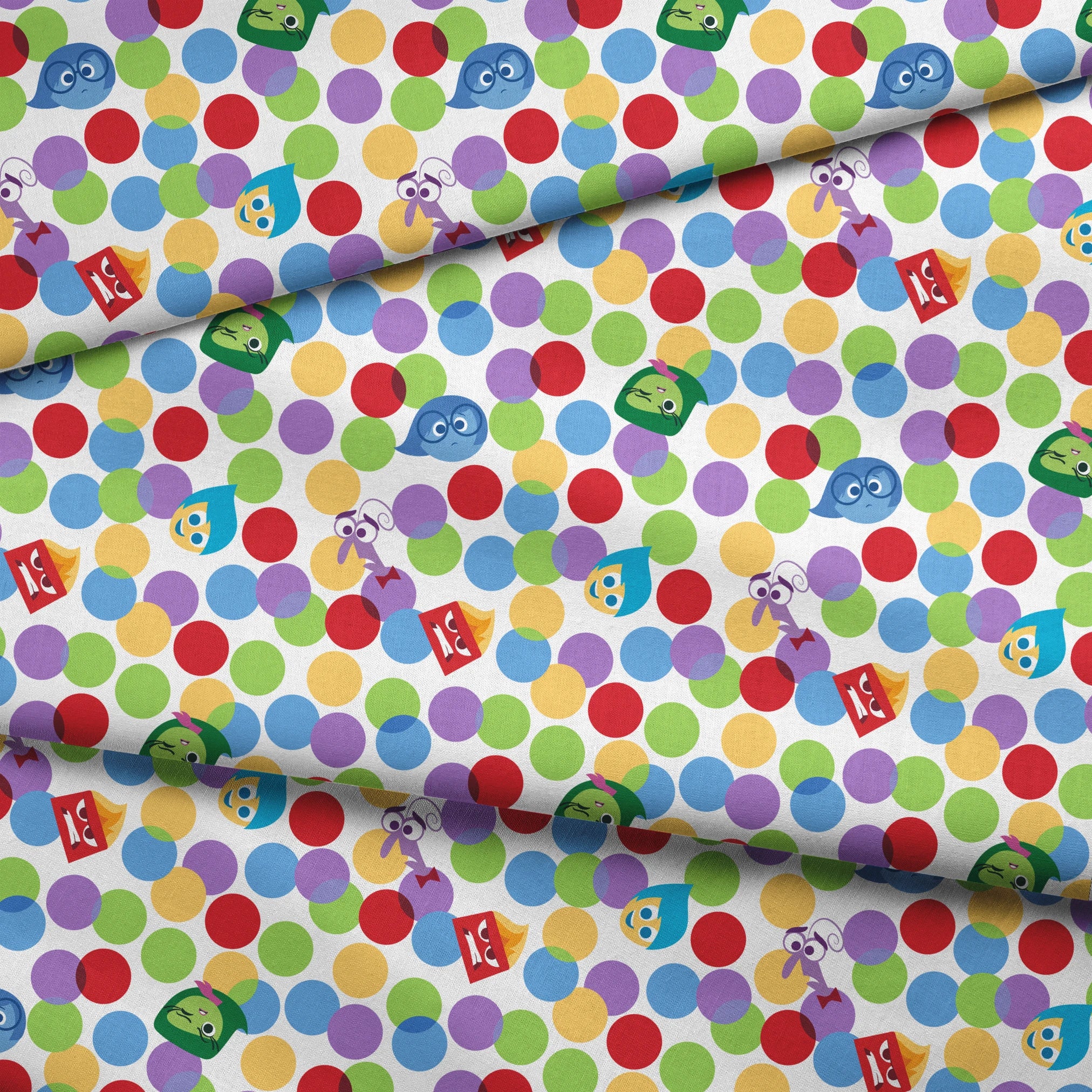 Colorful pattern with Inside Out characters scattered among multicolored polka dots fabric fold mockup